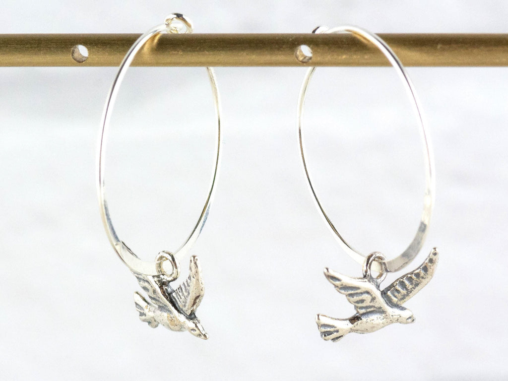 Bird Charm .925 Sterling Silver Pierced Hoop Earrings • Simple Minimalist Lightweight Hoops • Comfortable Dainty Hypoallergenic Jewelry
