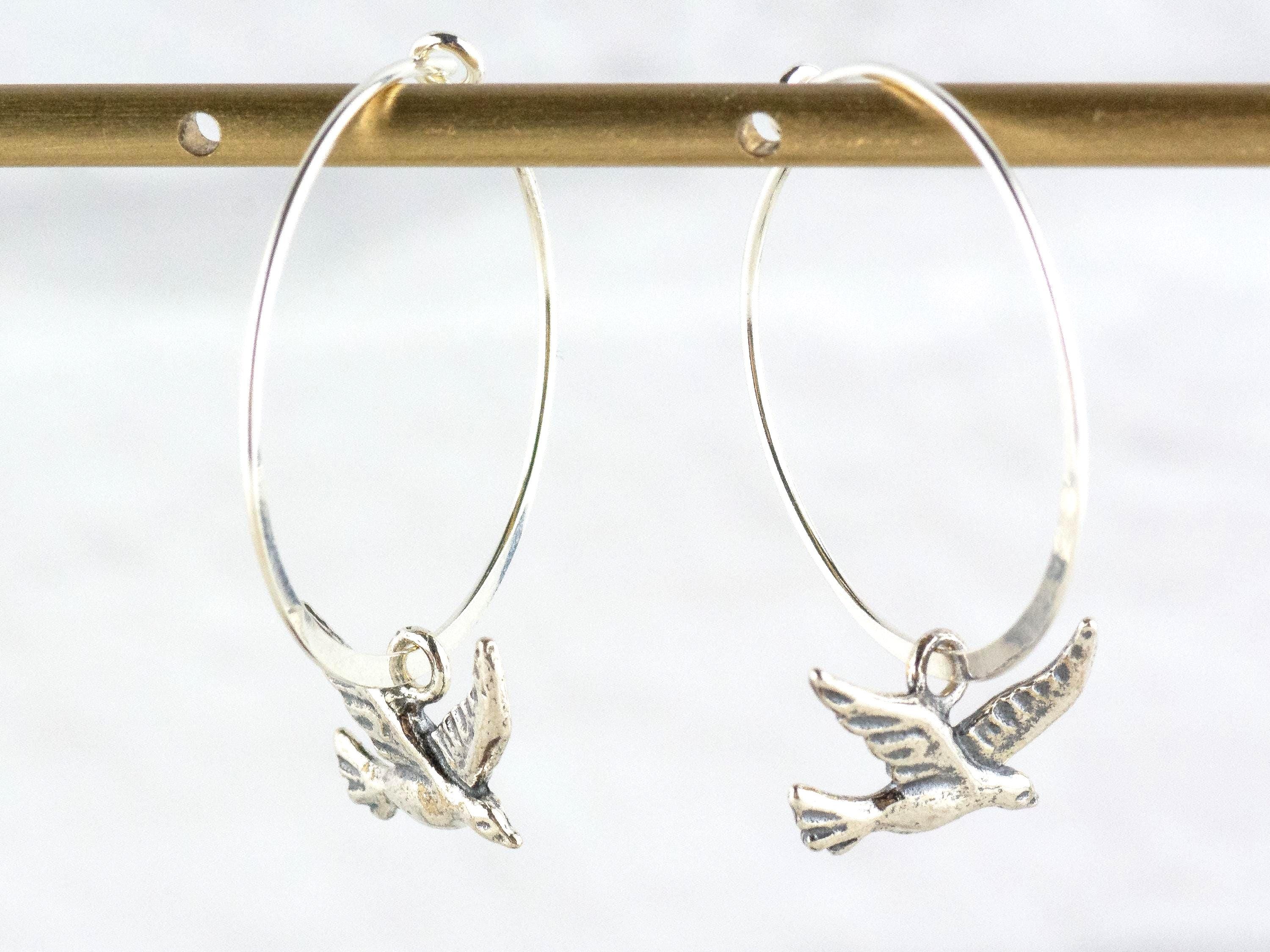 Bird Charm .925 Sterling Silver Pierced Hoop Earrings • Simple Minimalist Lightweight Hoops • Comfortable Dainty Hypoallergenic Jewelry