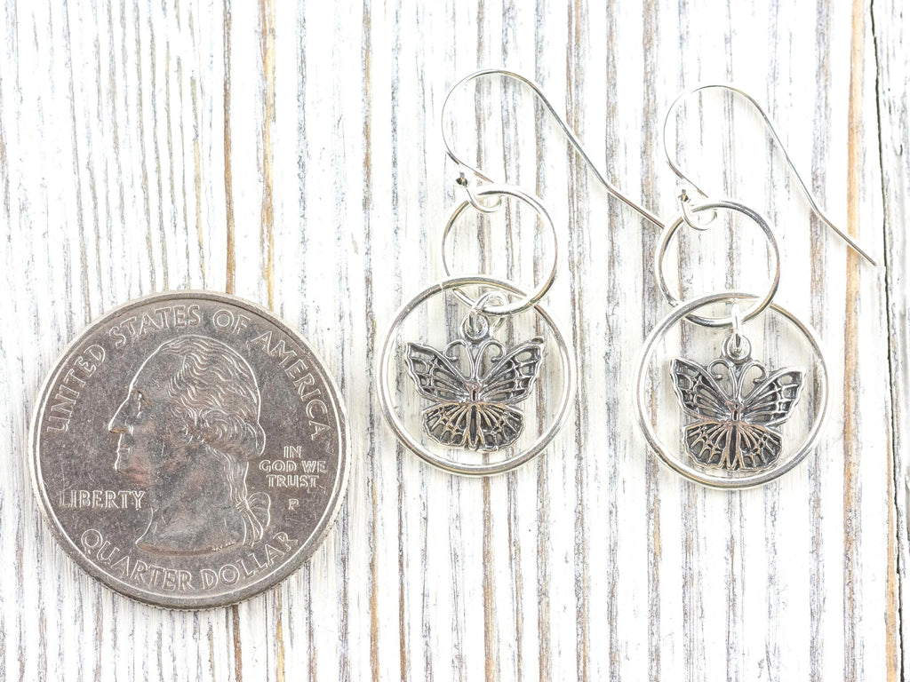 Butterfly Charm .925 Sterling Silver Pierced Hoop Earrings • Simple Minimalist Lightweight Hoops • Comfortable Dainty Hypoallergenic Jewelry
