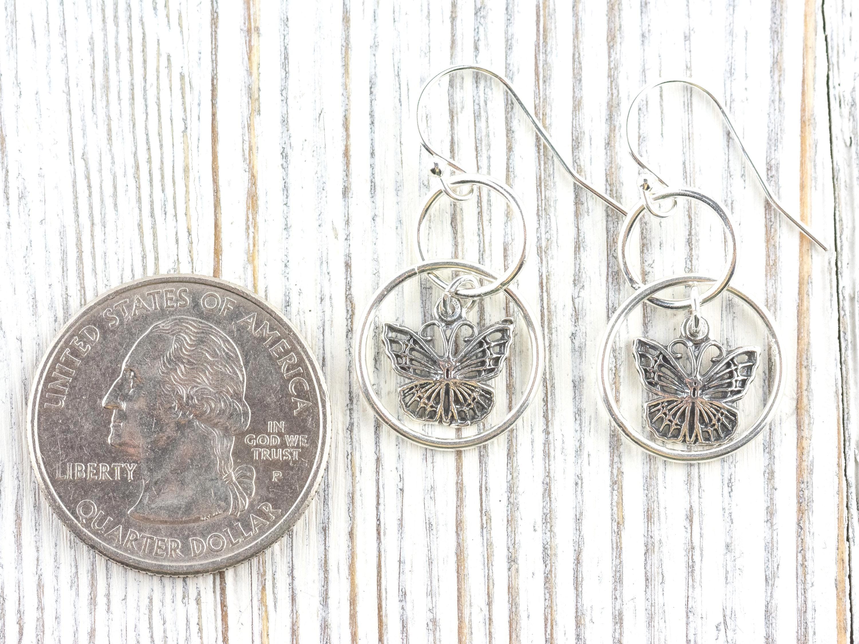 Butterfly Charm .925 Sterling Silver Pierced Hoop Earrings • Simple Minimalist Lightweight Hoops • Comfortable Dainty Hypoallergenic Jewelry