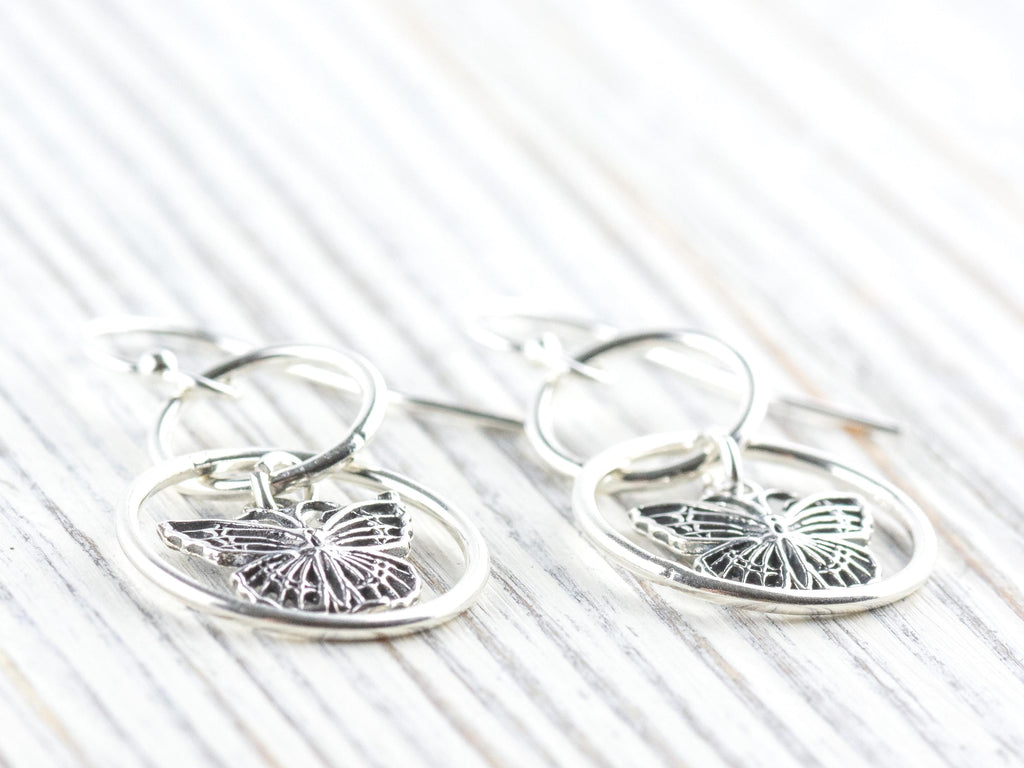 Butterfly Charm .925 Sterling Silver Pierced Hoop Earrings • Simple Minimalist Lightweight Hoops • Comfortable Dainty Hypoallergenic Jewelry