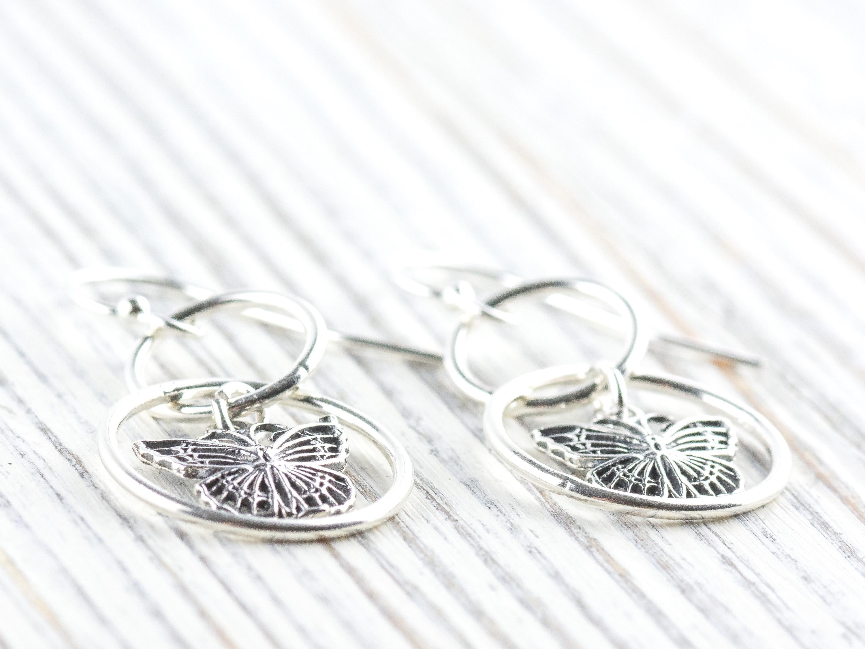 Butterfly Charm .925 Sterling Silver Pierced Hoop Earrings • Simple Minimalist Lightweight Hoops • Comfortable Dainty Hypoallergenic Jewelry