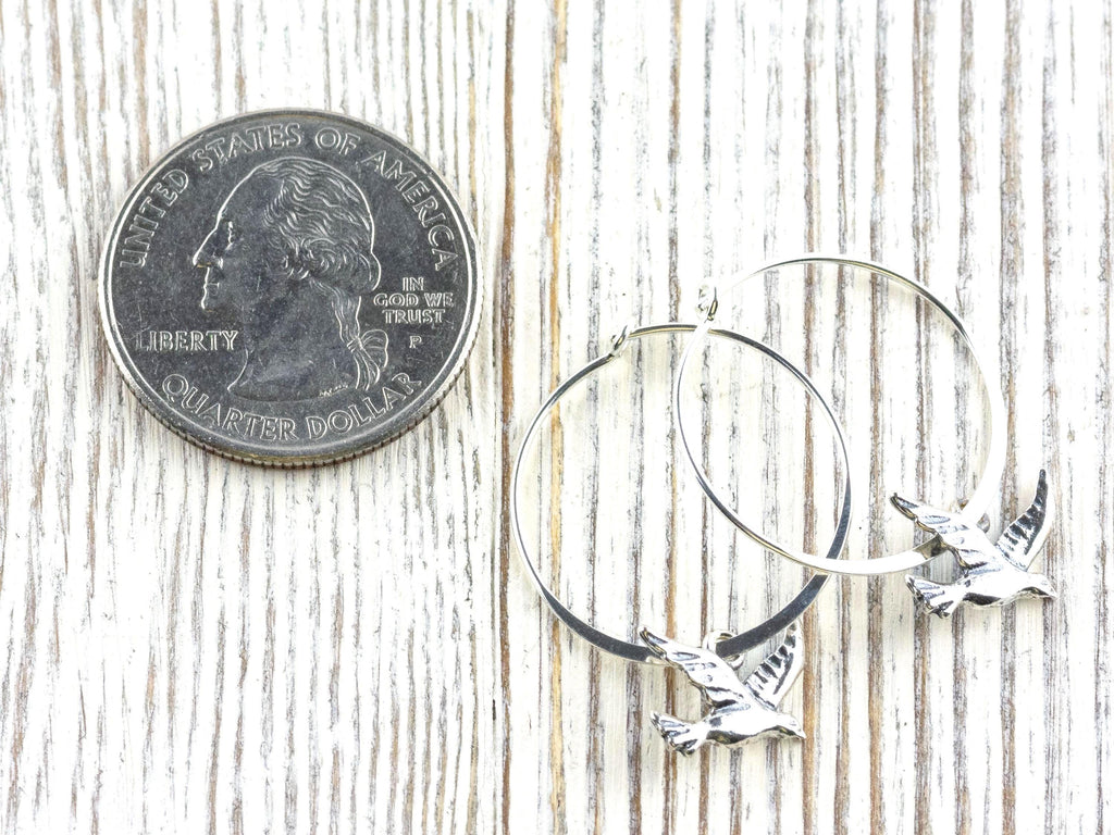 Bird Charm .925 Sterling Silver Pierced Hoop Earrings • Simple Minimalist Lightweight Hoops • Comfortable Dainty Hypoallergenic Jewelry