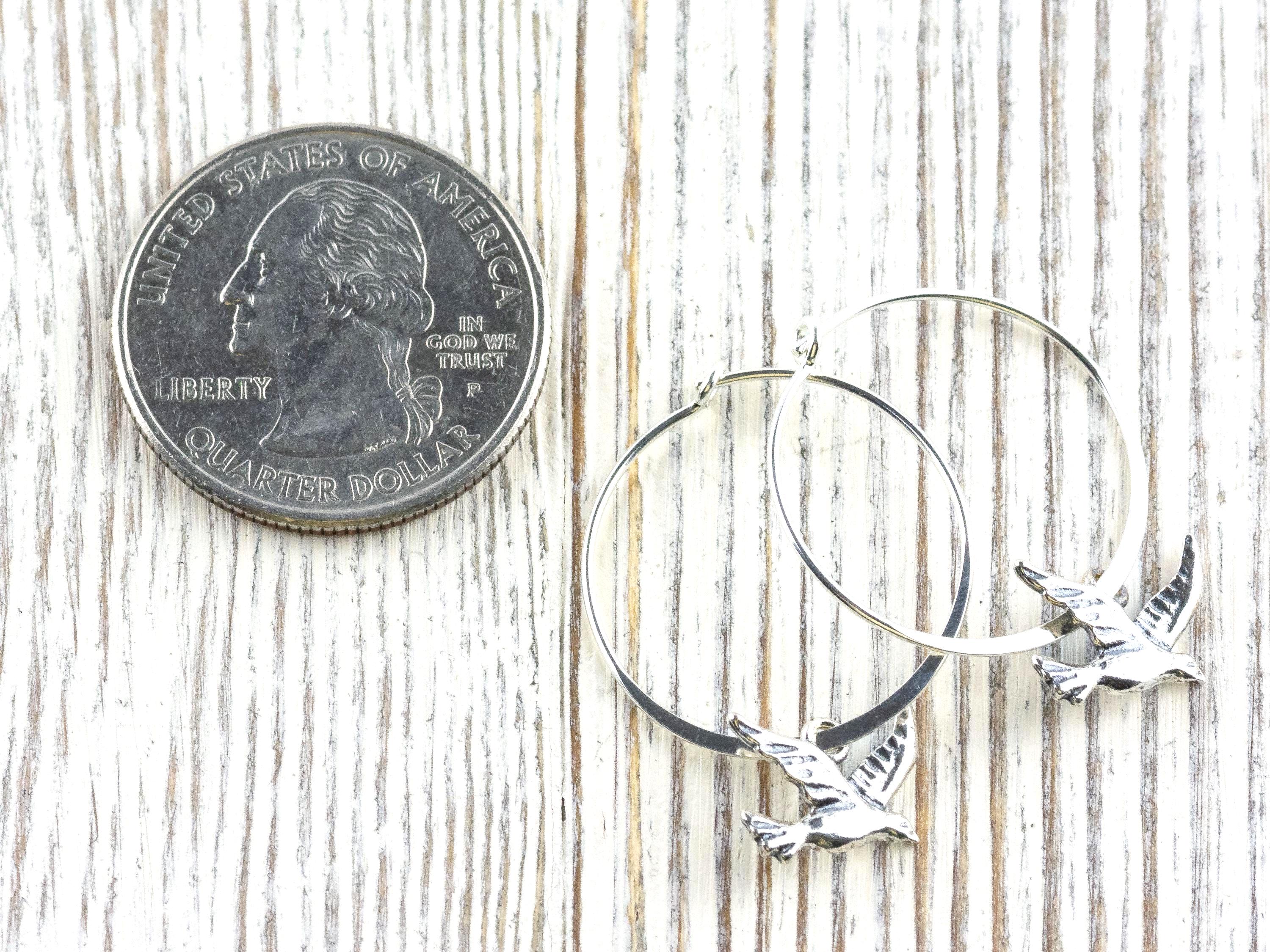 Bird Charm .925 Sterling Silver Pierced Hoop Earrings • Simple Minimalist Lightweight Hoops • Comfortable Dainty Hypoallergenic Jewelry