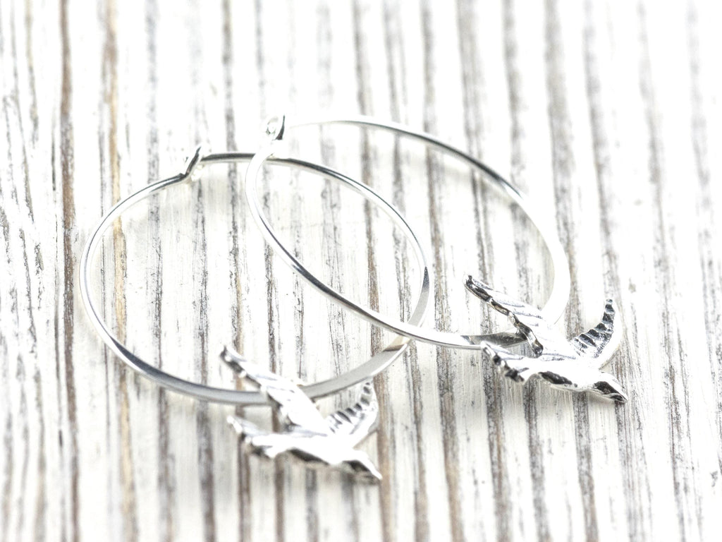 Bird Charm .925 Sterling Silver Pierced Hoop Earrings • Simple Minimalist Lightweight Hoops • Comfortable Dainty Hypoallergenic Jewelry