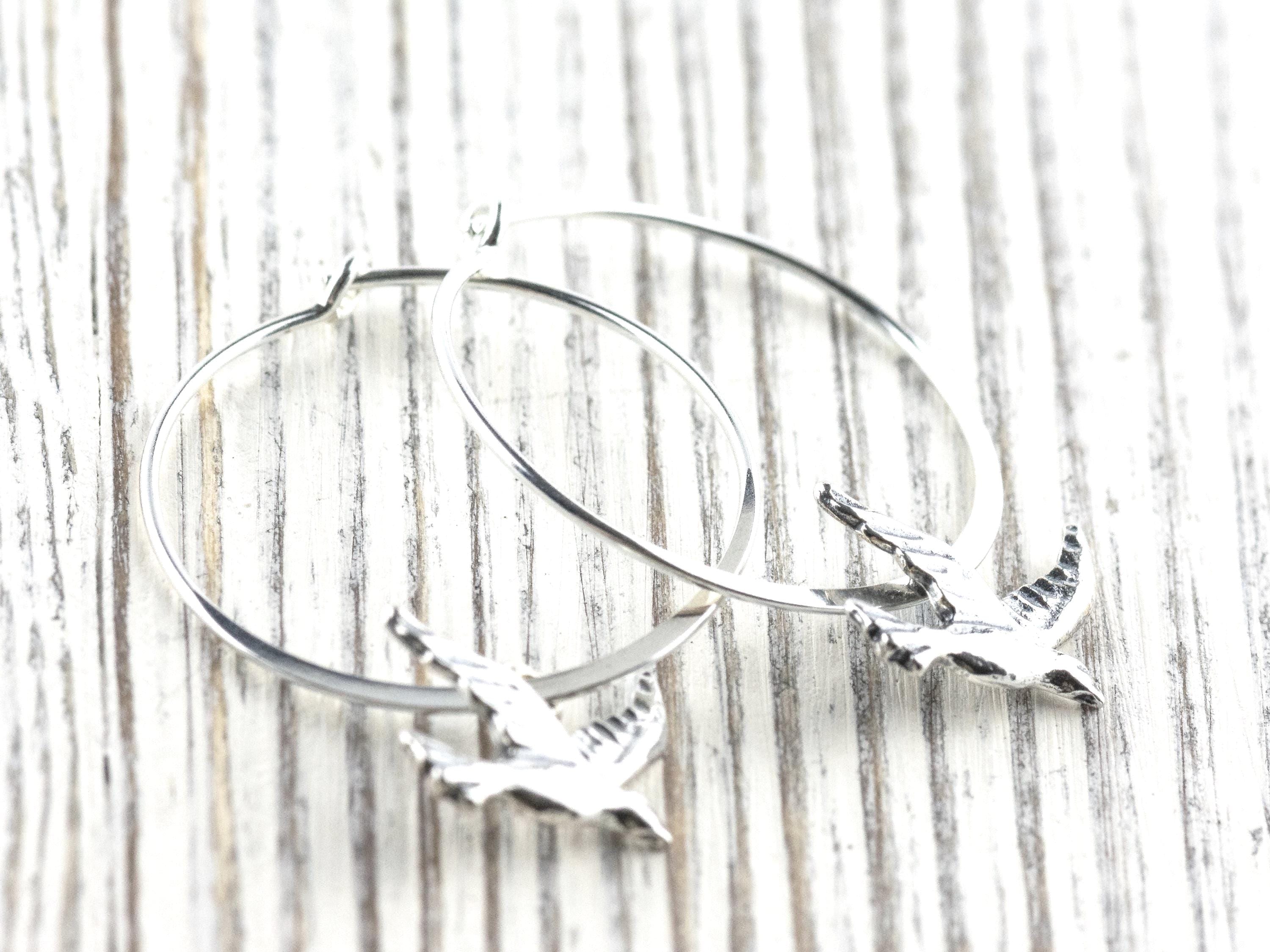 Bird Charm .925 Sterling Silver Pierced Hoop Earrings • Simple Minimalist Lightweight Hoops • Comfortable Dainty Hypoallergenic Jewelry