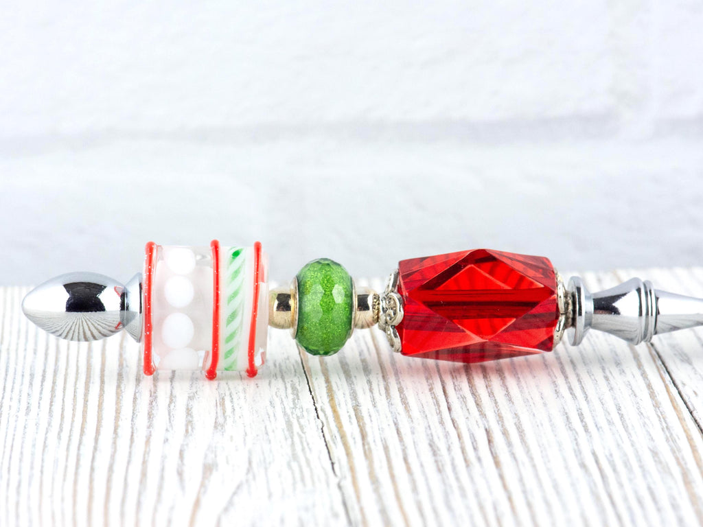 Red and Green Christmas Glass Beaded Silver Letter Opener • Paper Knife • Desk Accessory