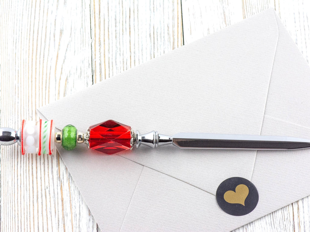Red and Green Christmas Glass Beaded Silver Letter Opener • Paper Knife • Desk Accessory