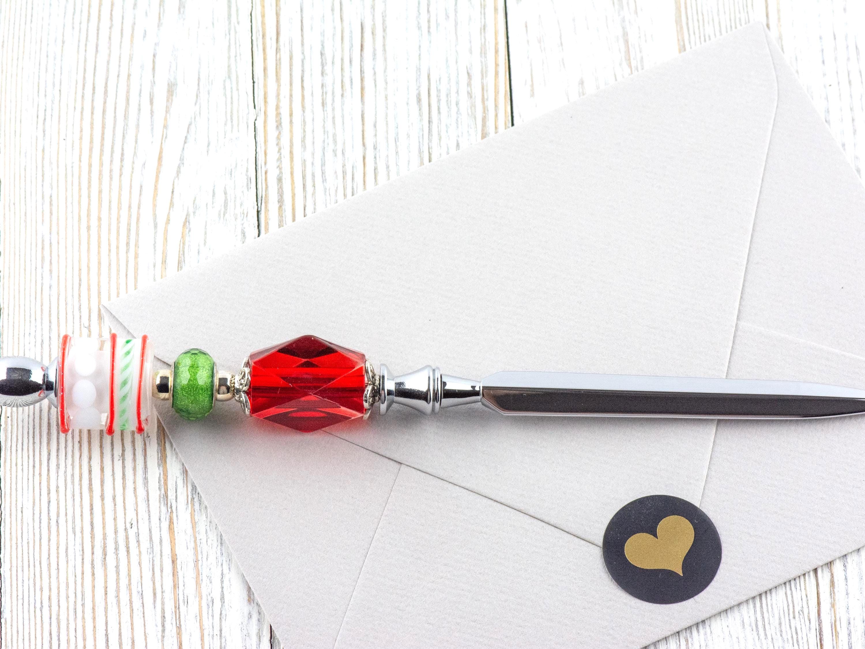 Red and Green Christmas Glass Beaded Silver Letter Opener • Paper Knife • Desk Accessory