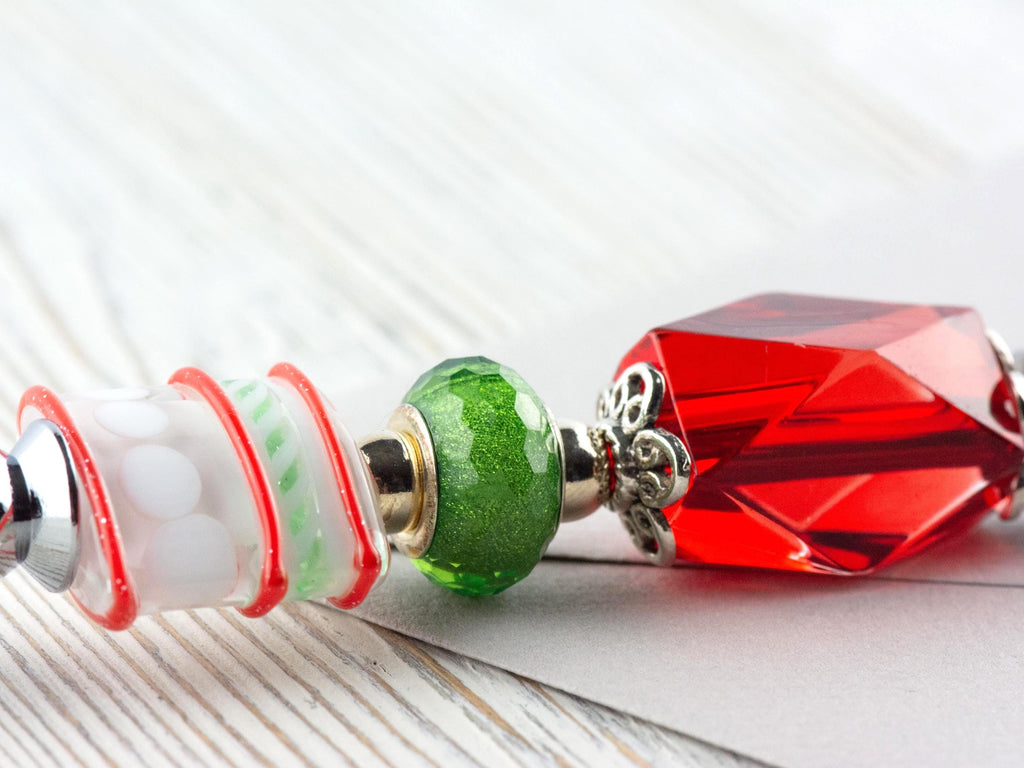 Red and Green Christmas Glass Beaded Silver Letter Opener • Paper Knife • Desk Accessory