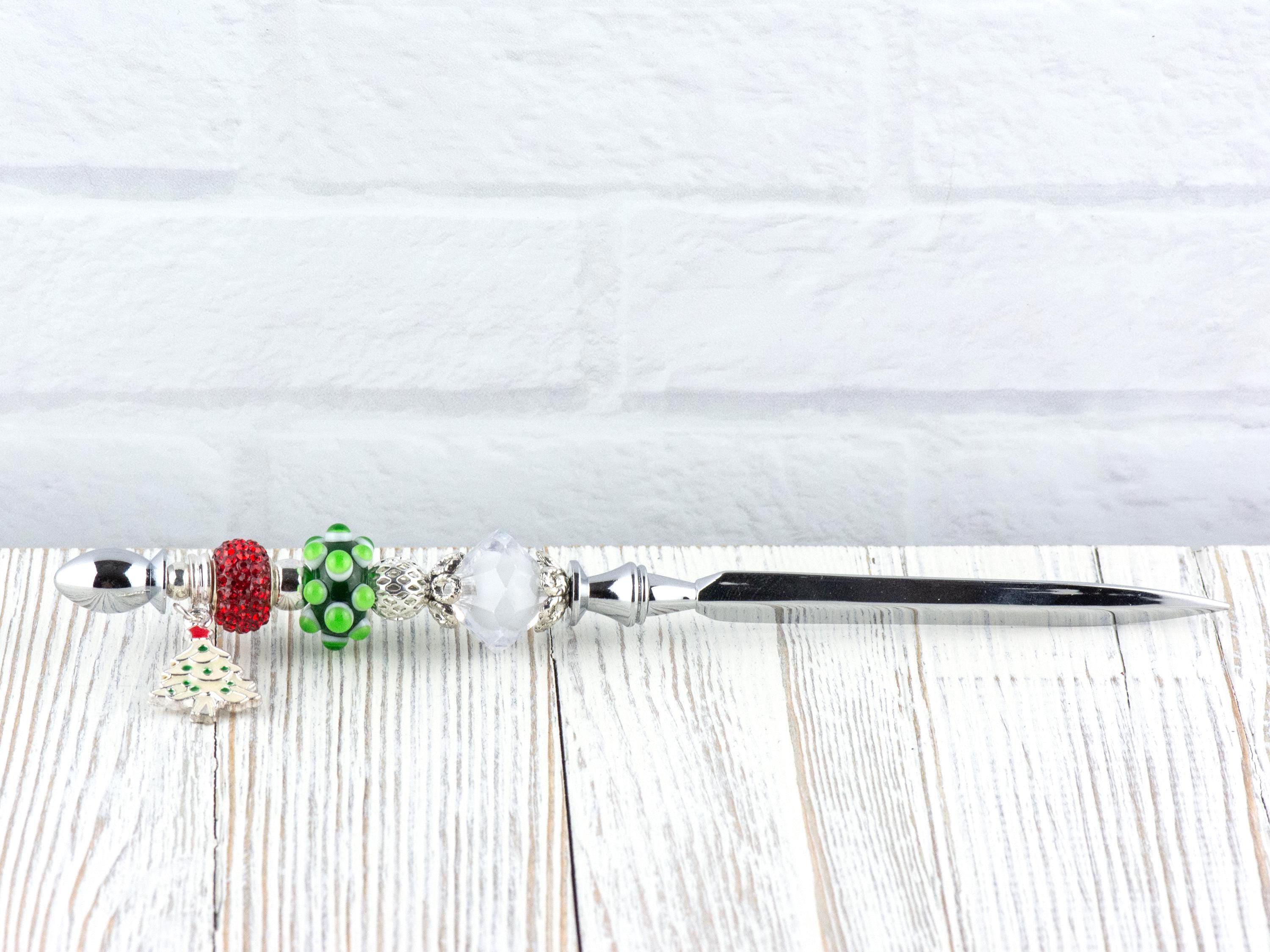 Christmas Tree Charm Glass Beaded Silver Letter Opener • Paper Knife • Desk Accessory