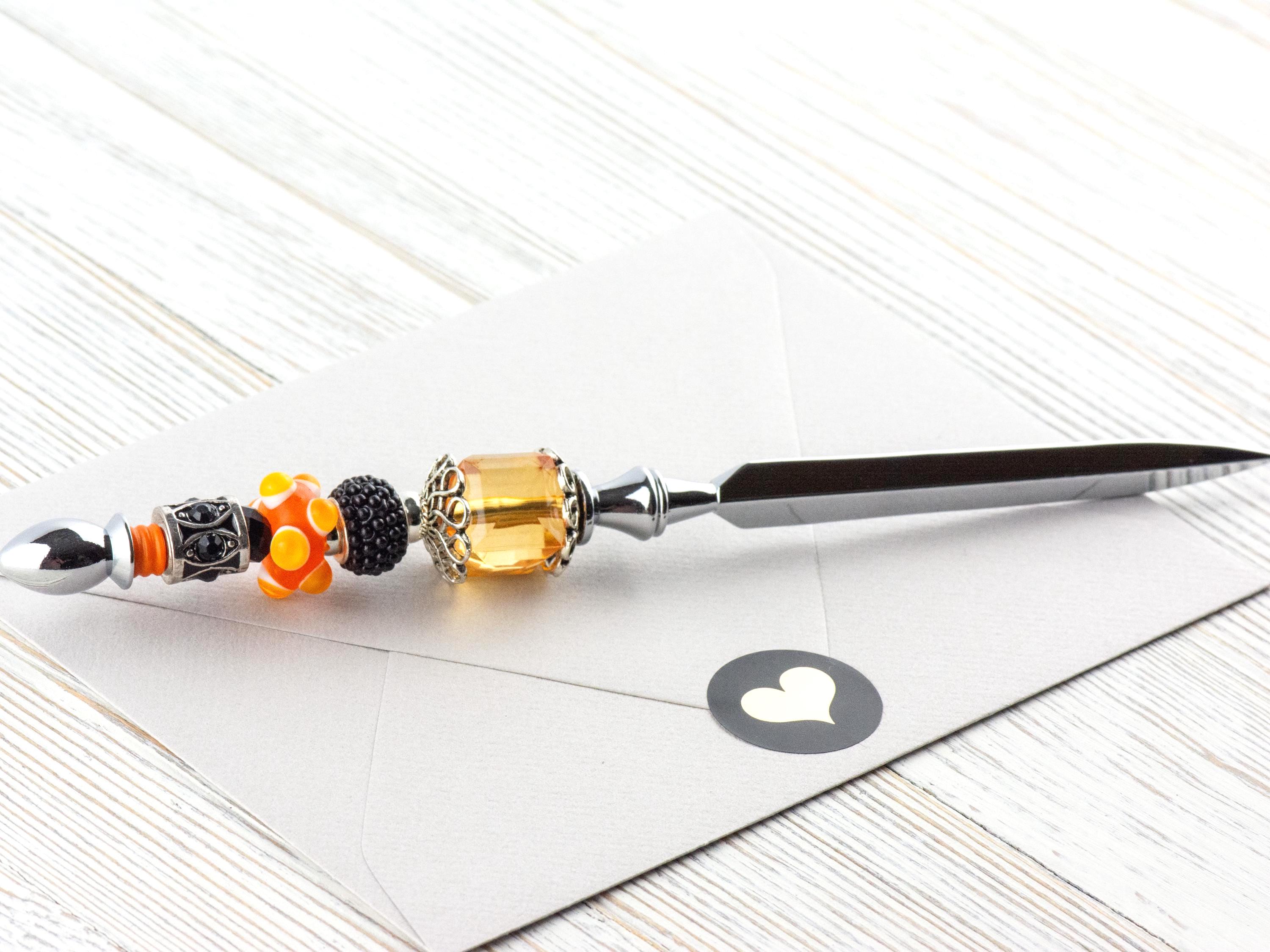 Orange and Black Glass Beaded Silver Letter Opener • Paper Knife • Desk Accessory