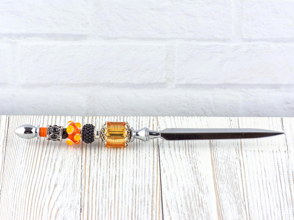 Orange and Black Glass Beaded Silver Letter Opener • Paper Knife • Desk Accessory