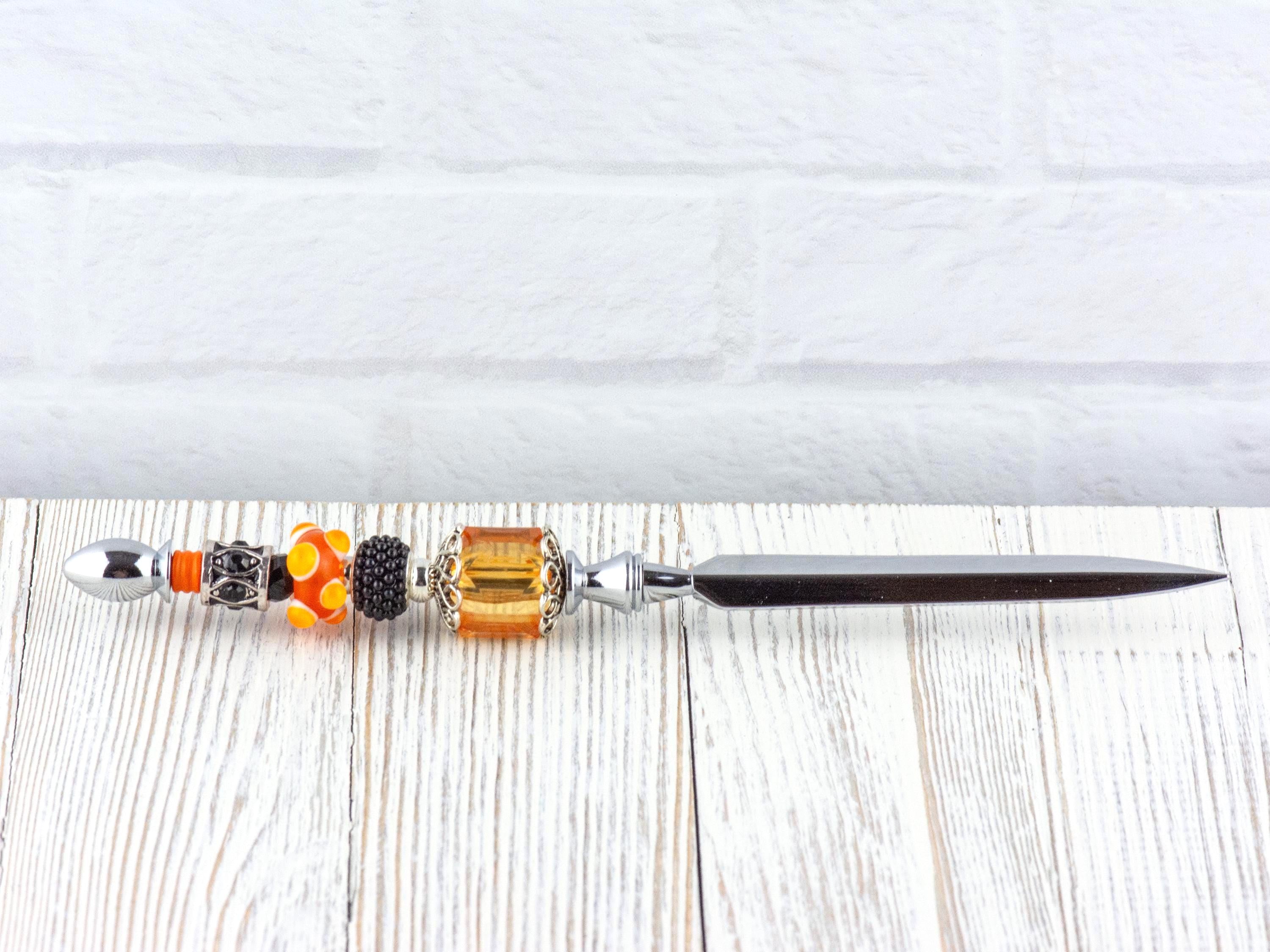 Orange and Black Glass Beaded Silver Letter Opener • Paper Knife • Desk Accessory