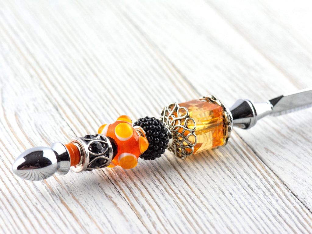 Orange and Black Glass Beaded Silver Letter Opener • Paper Knife • Desk Accessory