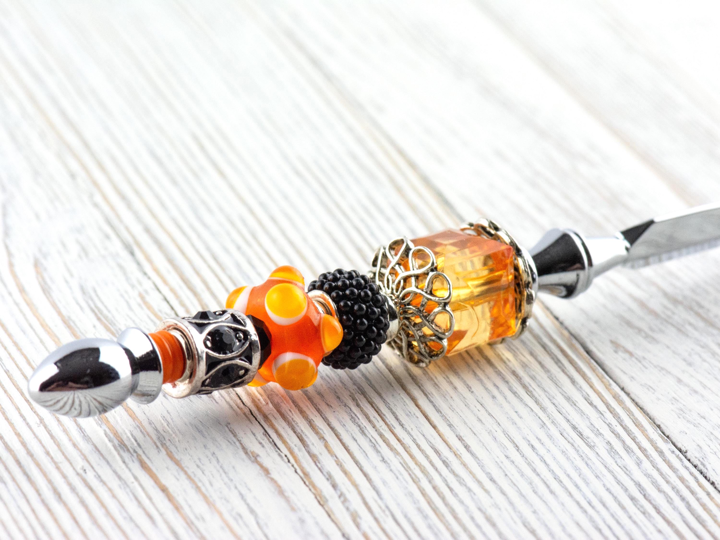 Orange and Black Glass Beaded Silver Letter Opener • Paper Knife • Desk Accessory