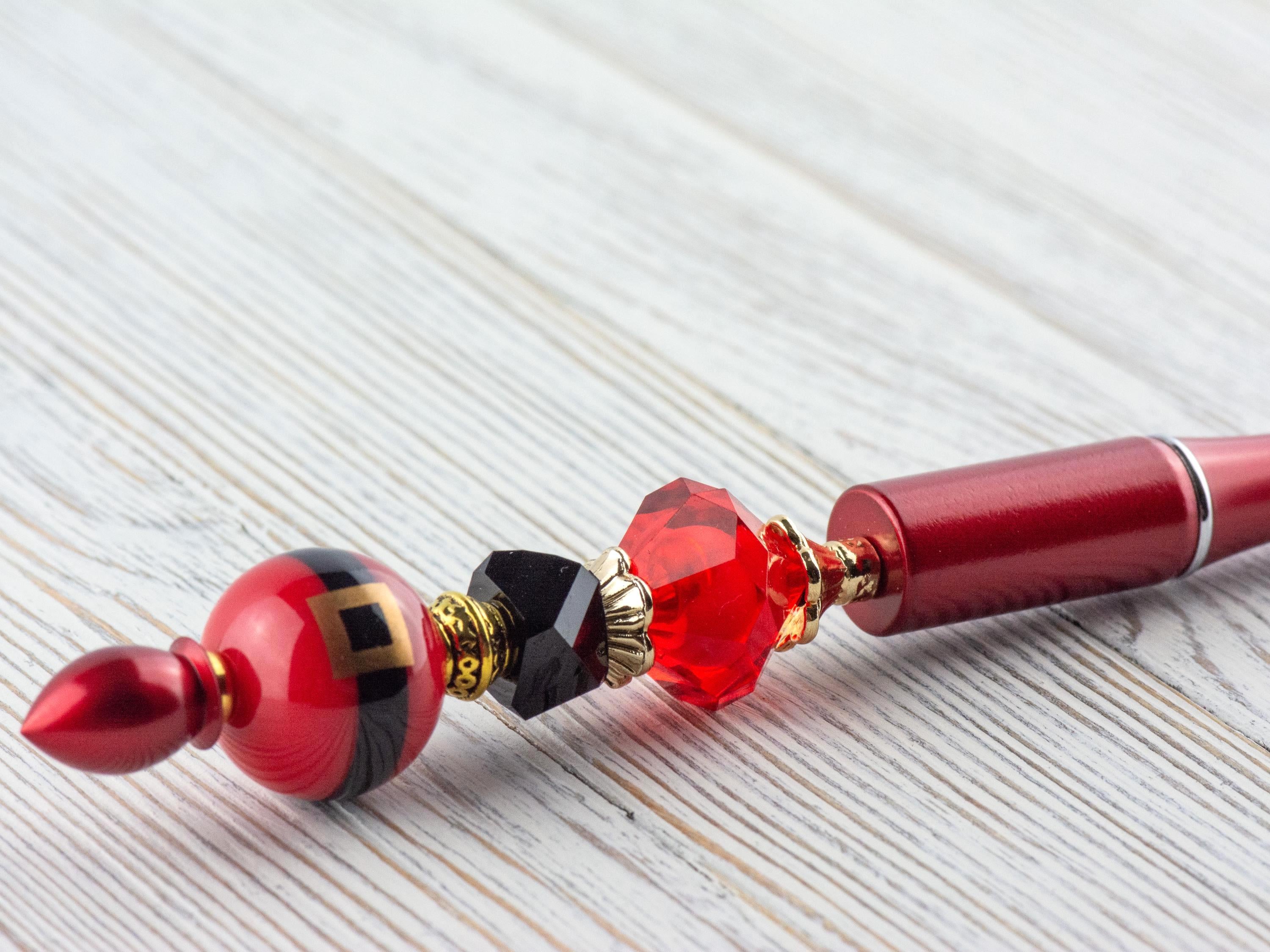 Santa Claus Christmas Beaded Metal Ballpoint Pen with Lampwork Glass Beads • Black Ink (Extra Refill)