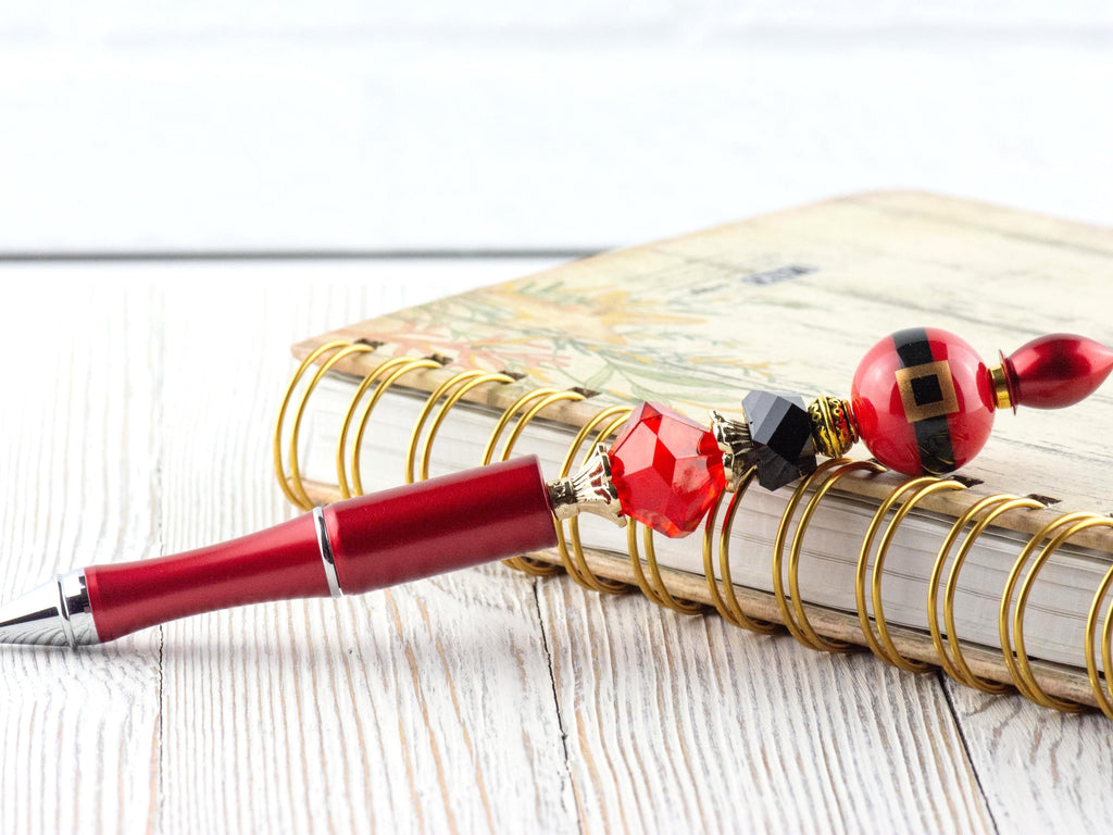 Santa Claus Christmas Beaded Metal Ballpoint Pen with Lampwork Glass Beads • Black Ink (Extra Refill)