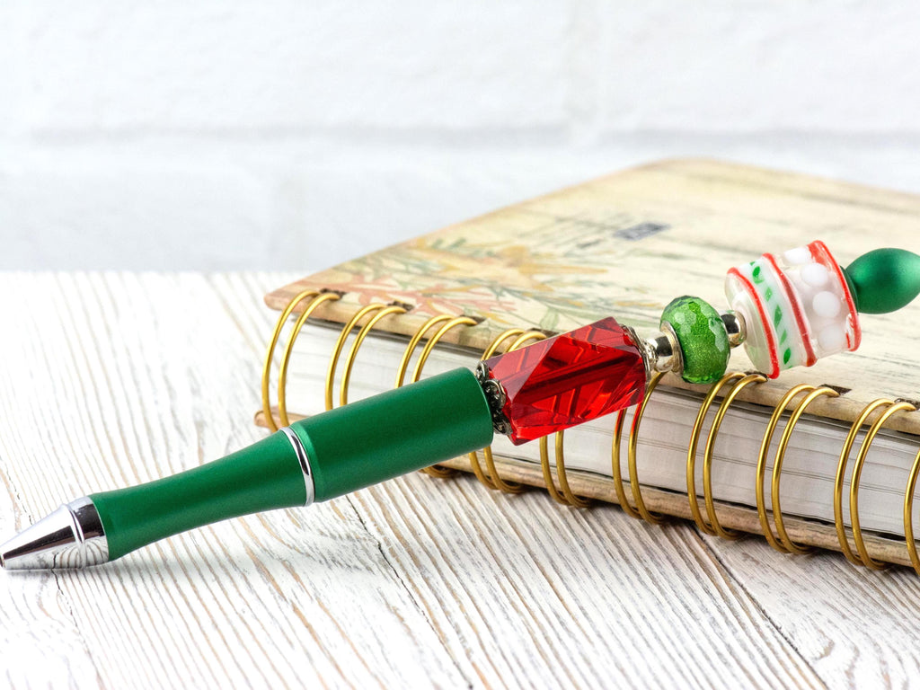 Red and Green Christmas Beaded Metal Ballpoint Pen with Lampwork Glass Beads • Black Ink (Extra Refill)