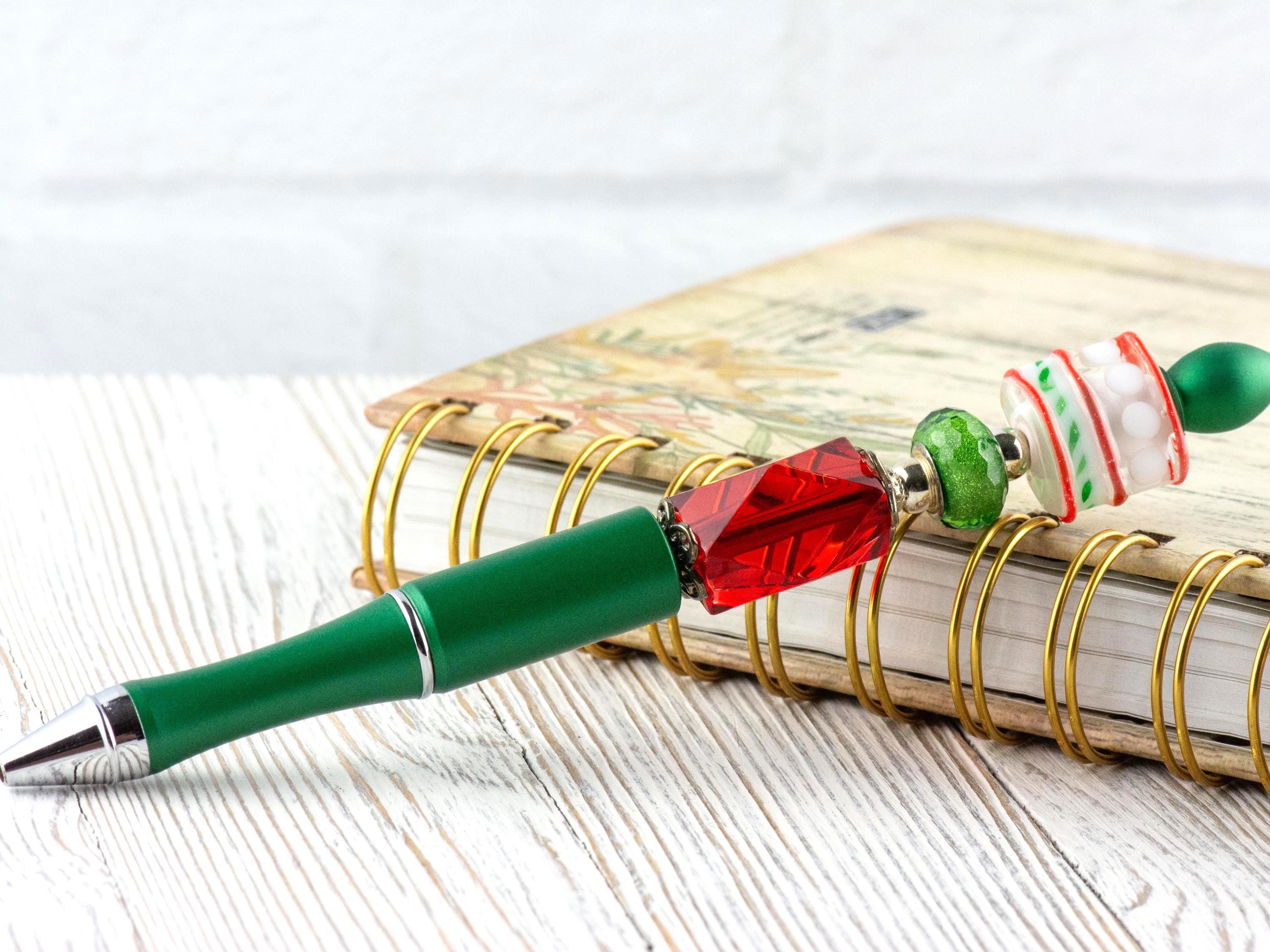 Red and Green Christmas Beaded Metal Ballpoint Pen with Lampwork Glass Beads • Black Ink (Extra Refill)