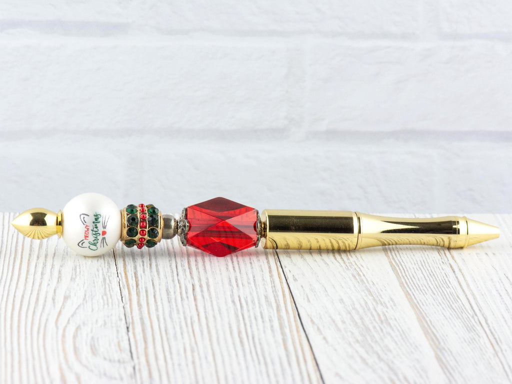 Meowy Christmas Beaded Metal Ballpoint Pen with Lampwork Glass Beads • Black Ink (Extra Refill)