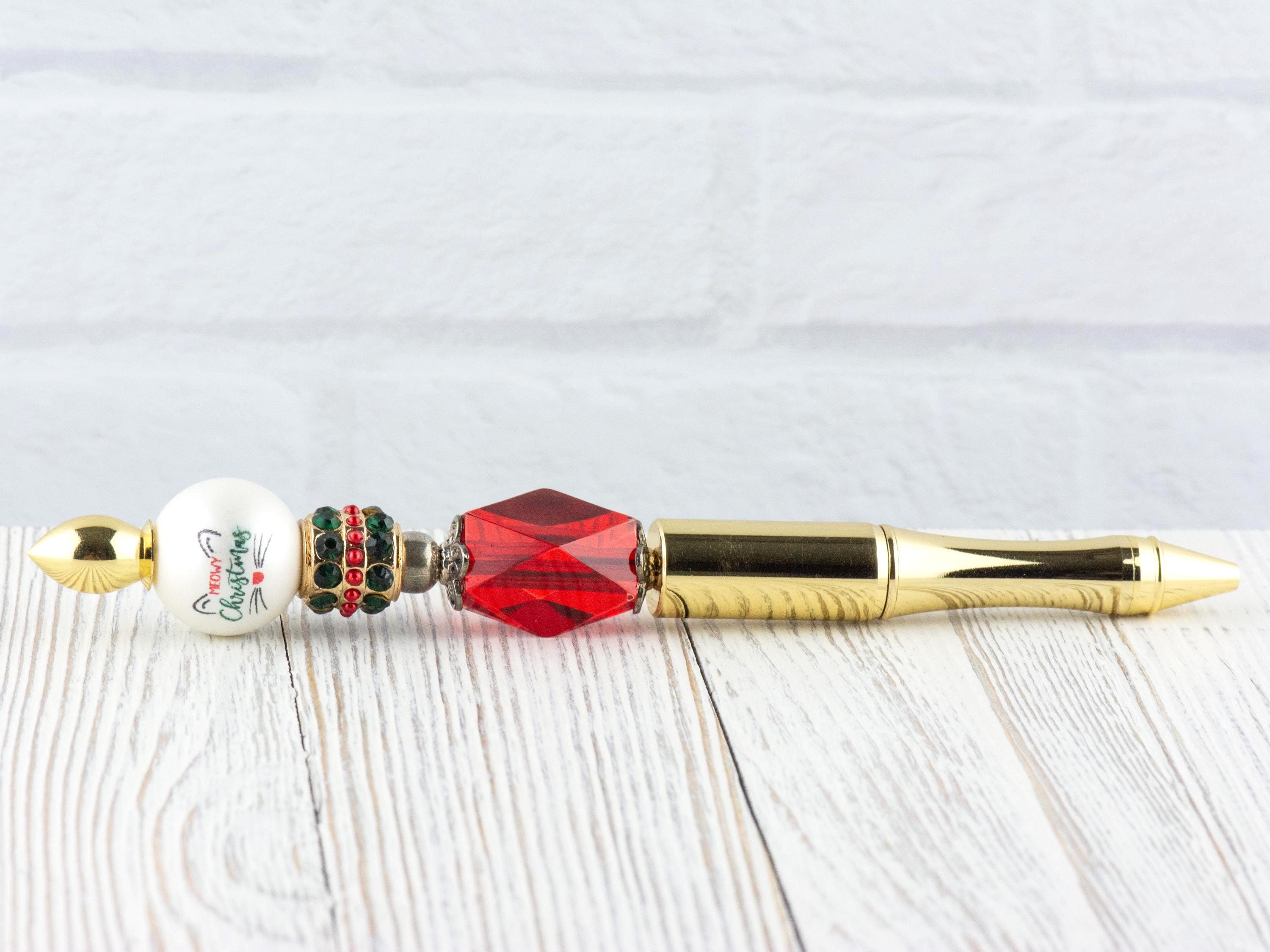 Meowy Christmas Beaded Metal Ballpoint Pen with Lampwork Glass Beads • Black Ink (Extra Refill)