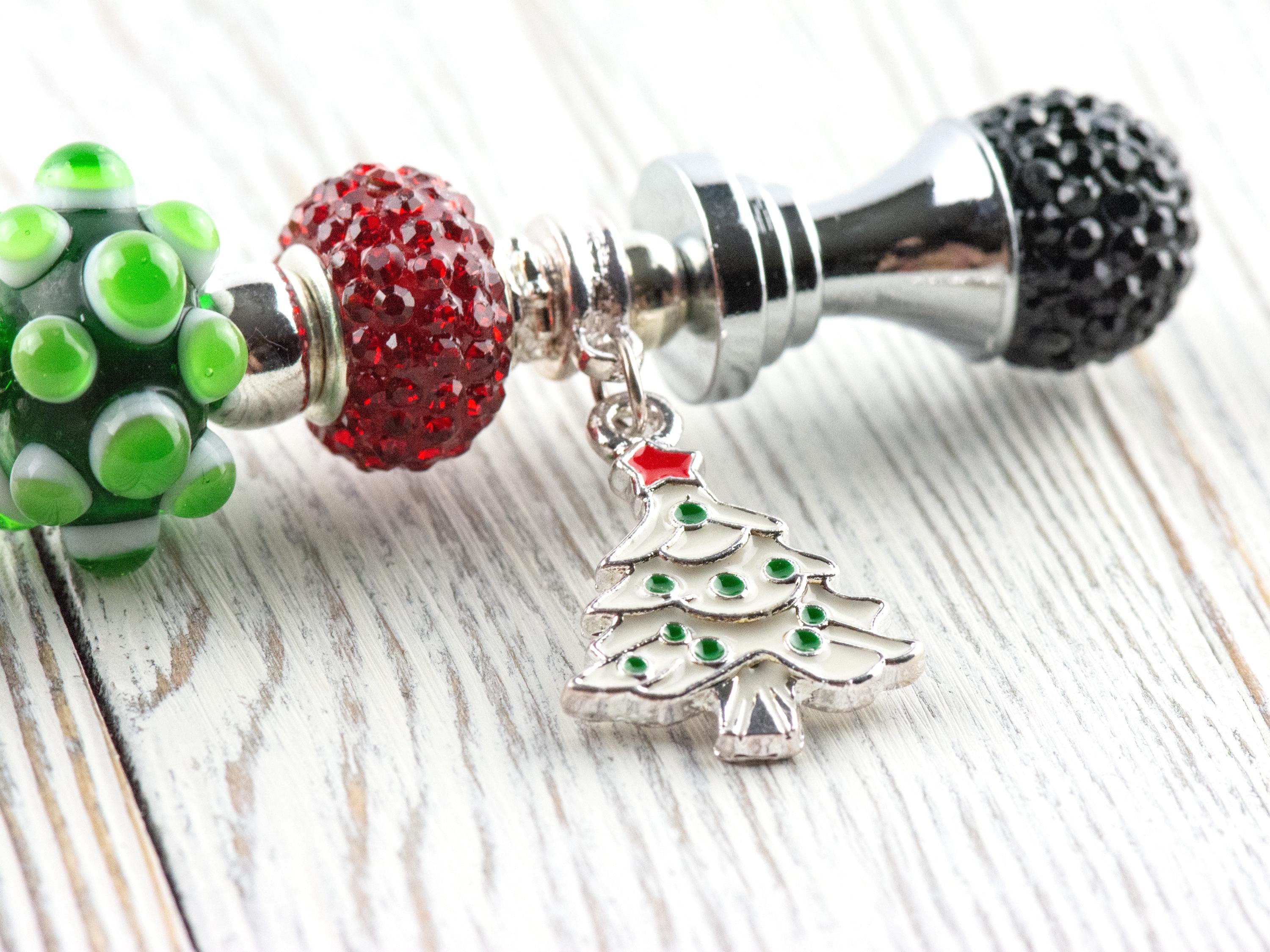 Christmas Tree Charm Beaded Metal Ballpoint Pen with Lampwork Glass Beads • Black Ink (Extra Refill)