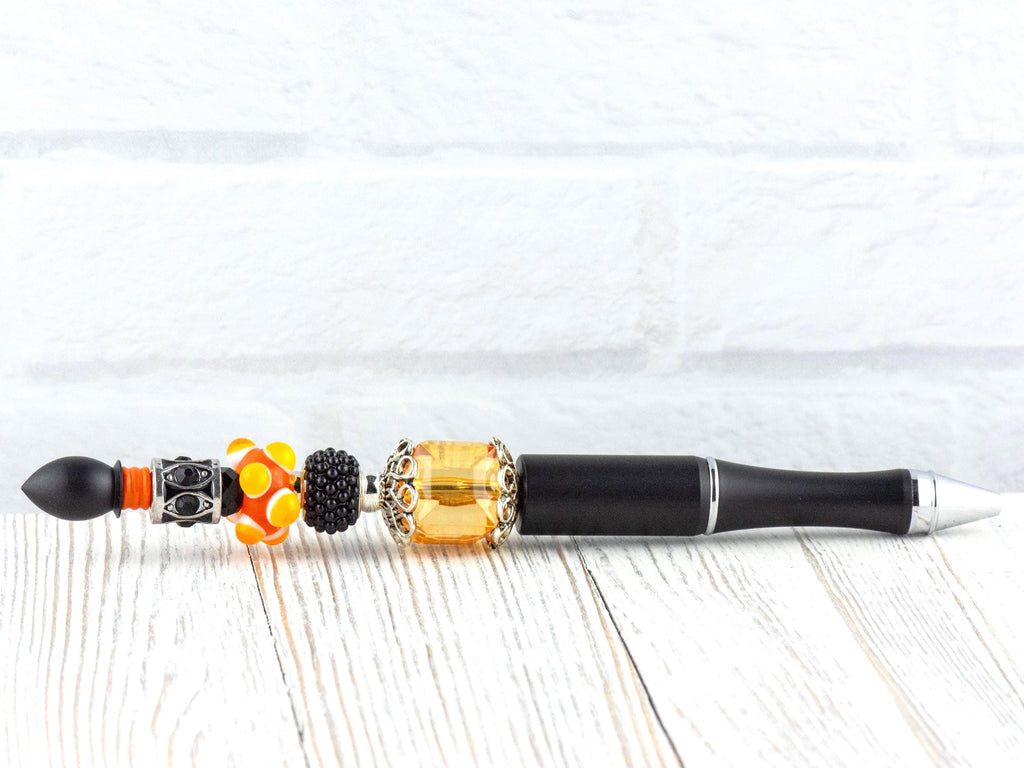 Orange and Black Beaded Metal Ballpoint Pen with Lampwork Glass Beads • Black Ink (Extra Refill)