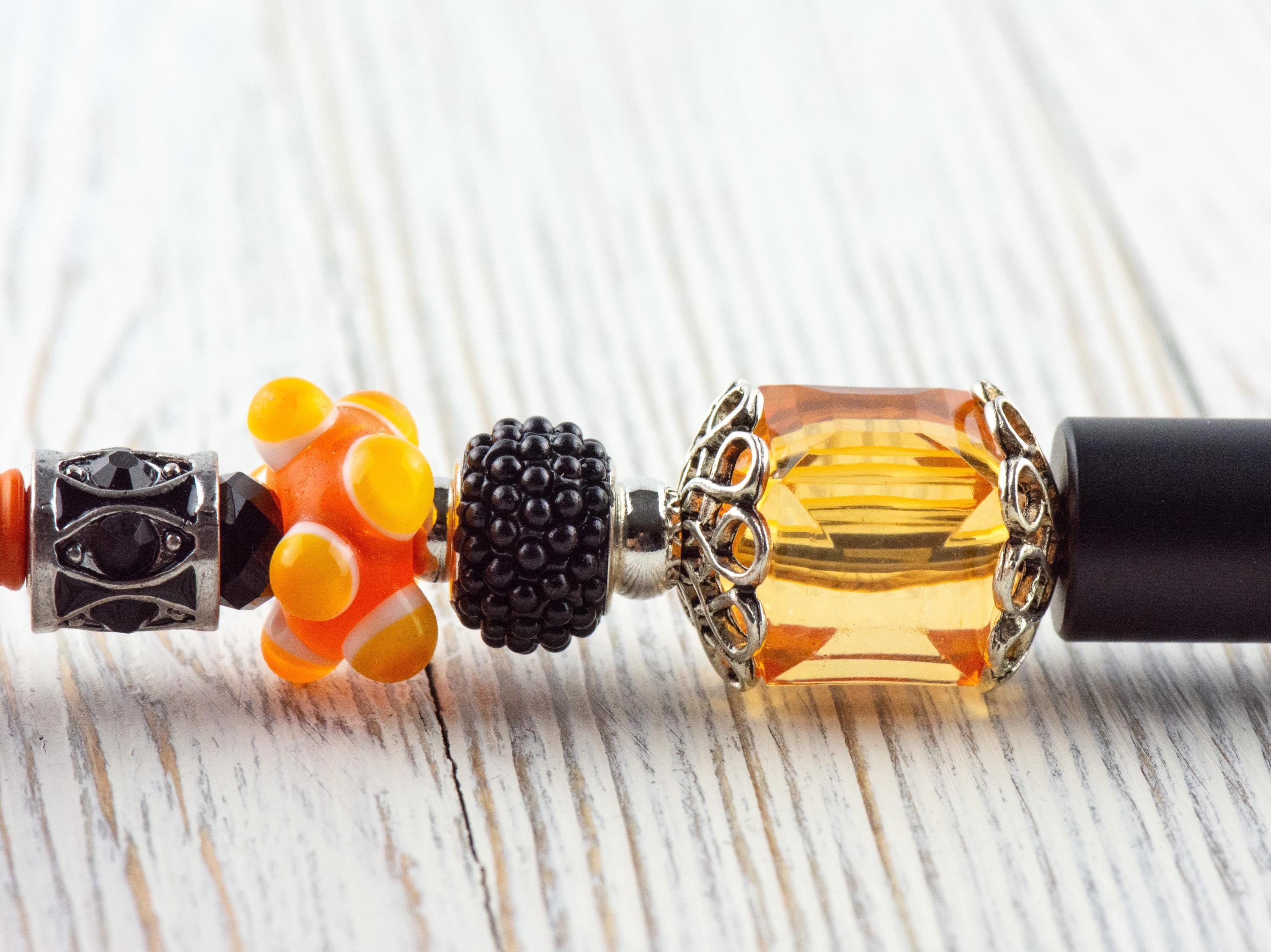 Orange and Black Beaded Metal Ballpoint Pen with Lampwork Glass Beads • Black Ink (Extra Refill)