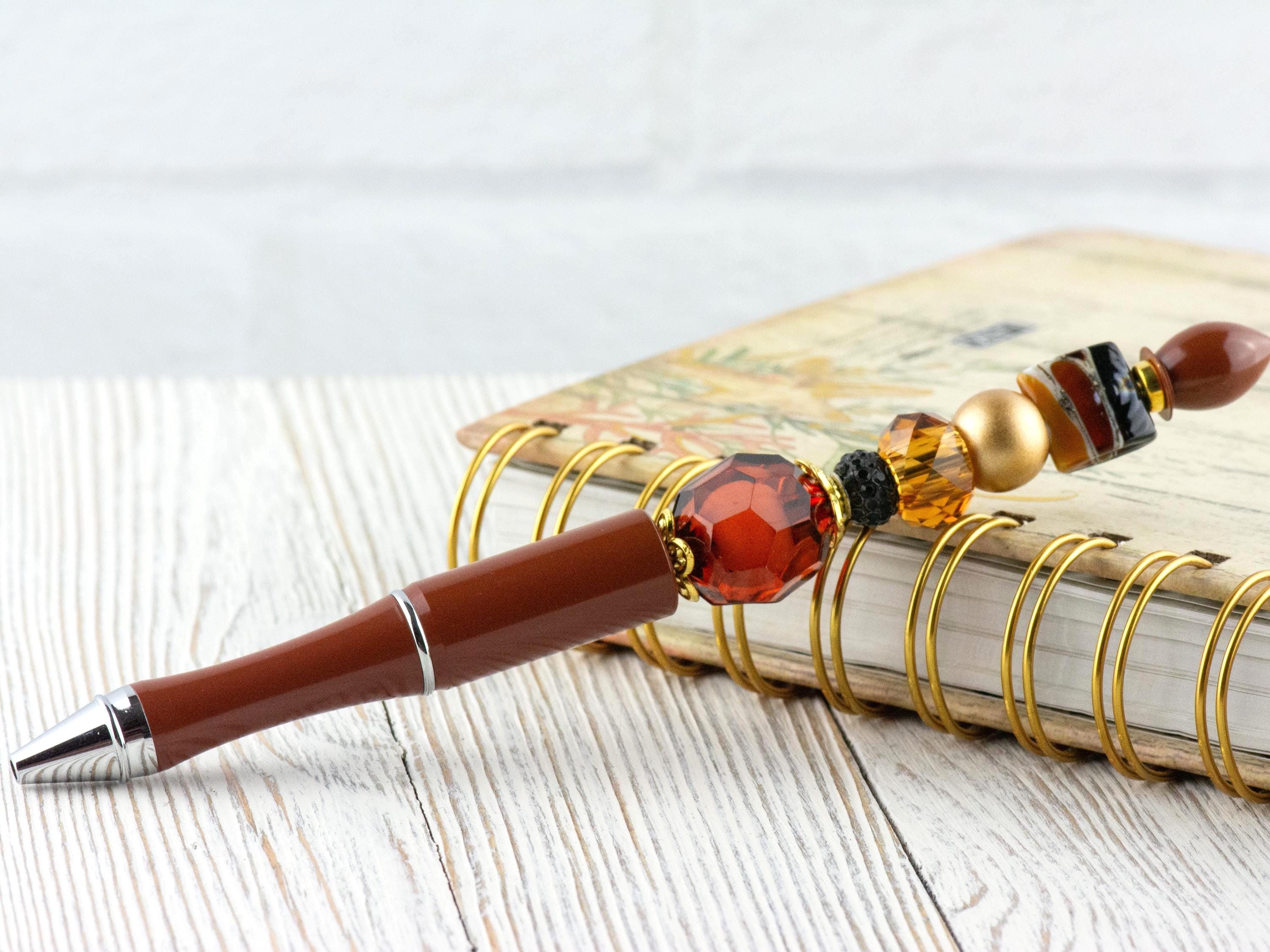 Chocolate Latte Beaded Metal Ballpoint Pen with Lampwork Glass Beads • Black Ink (Extra Refill)