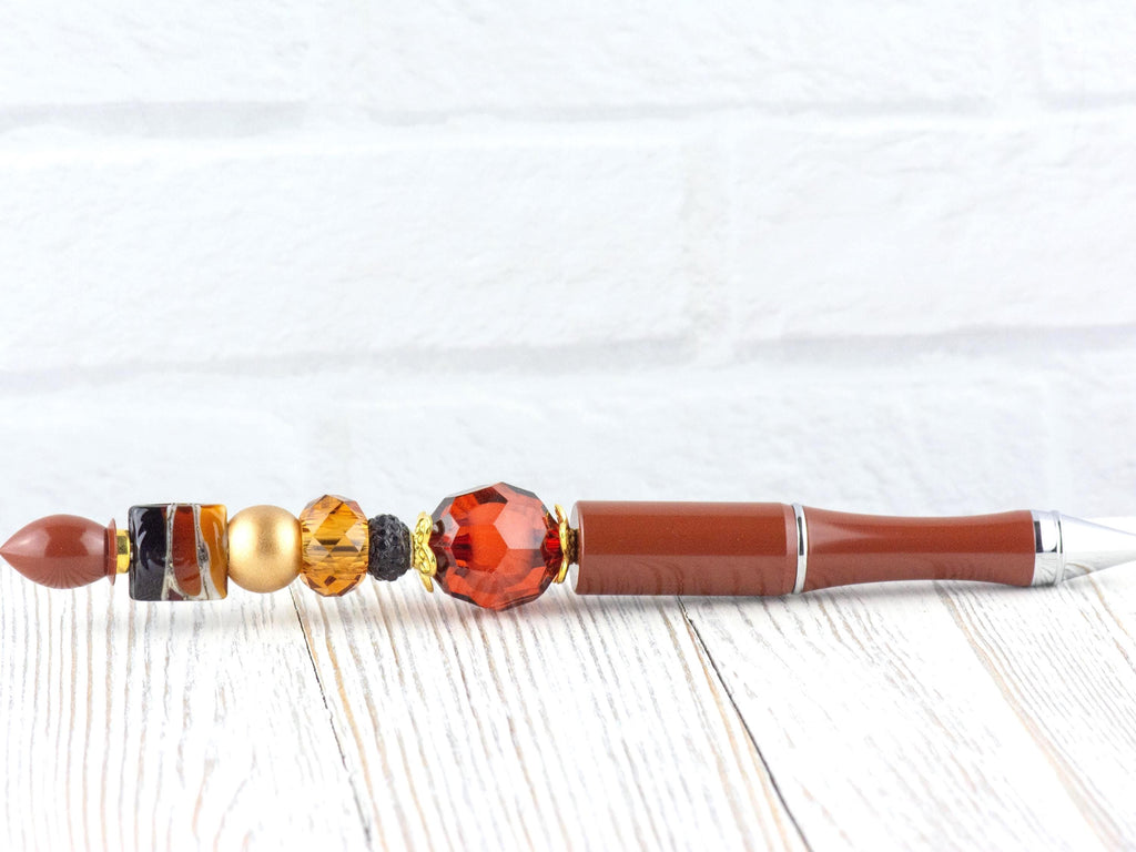 Chocolate Latte Beaded Metal Ballpoint Pen with Lampwork Glass Beads • Black Ink (Extra Refill)