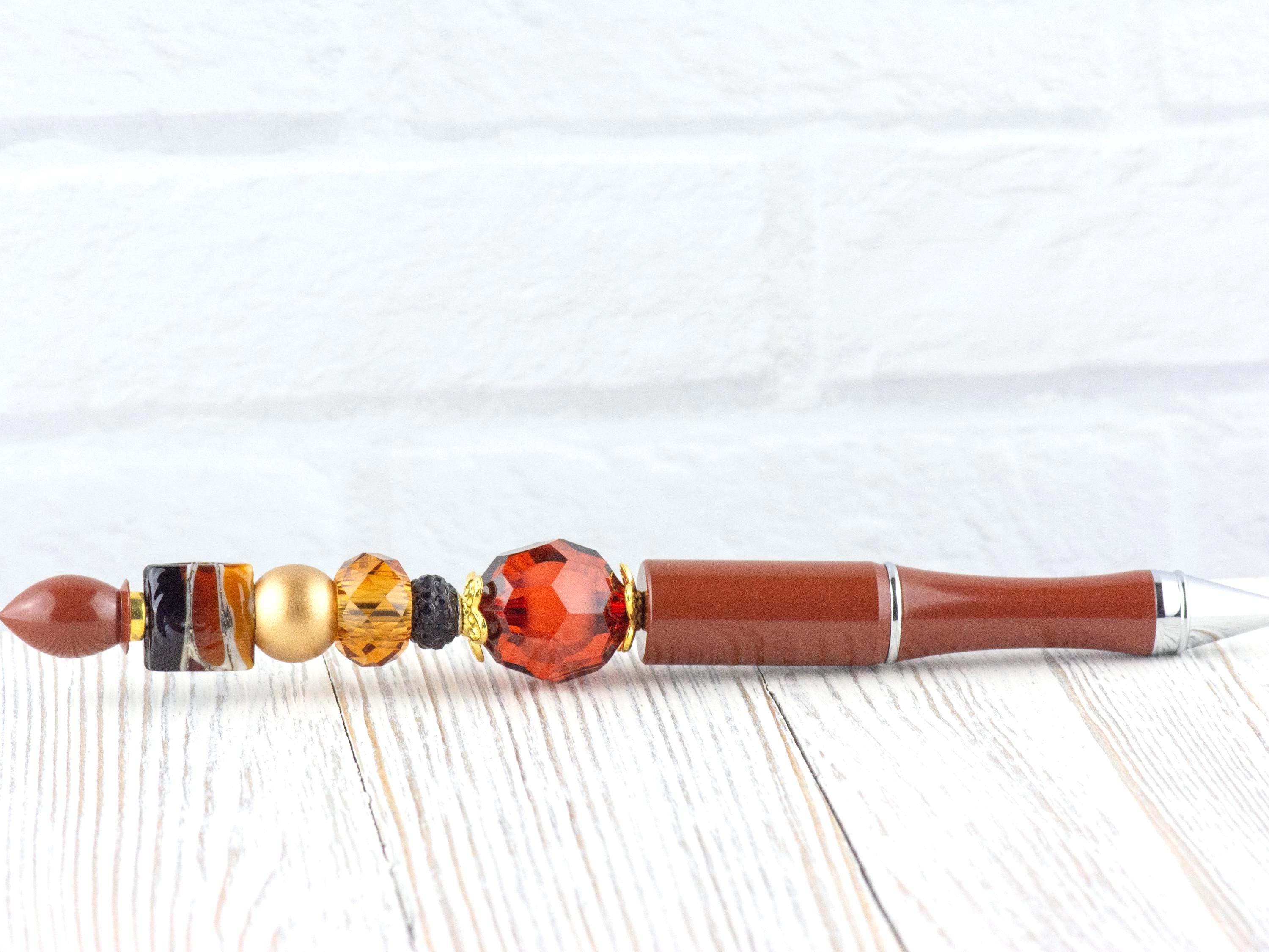 Chocolate Latte Beaded Metal Ballpoint Pen with Lampwork Glass Beads • Black Ink (Extra Refill)