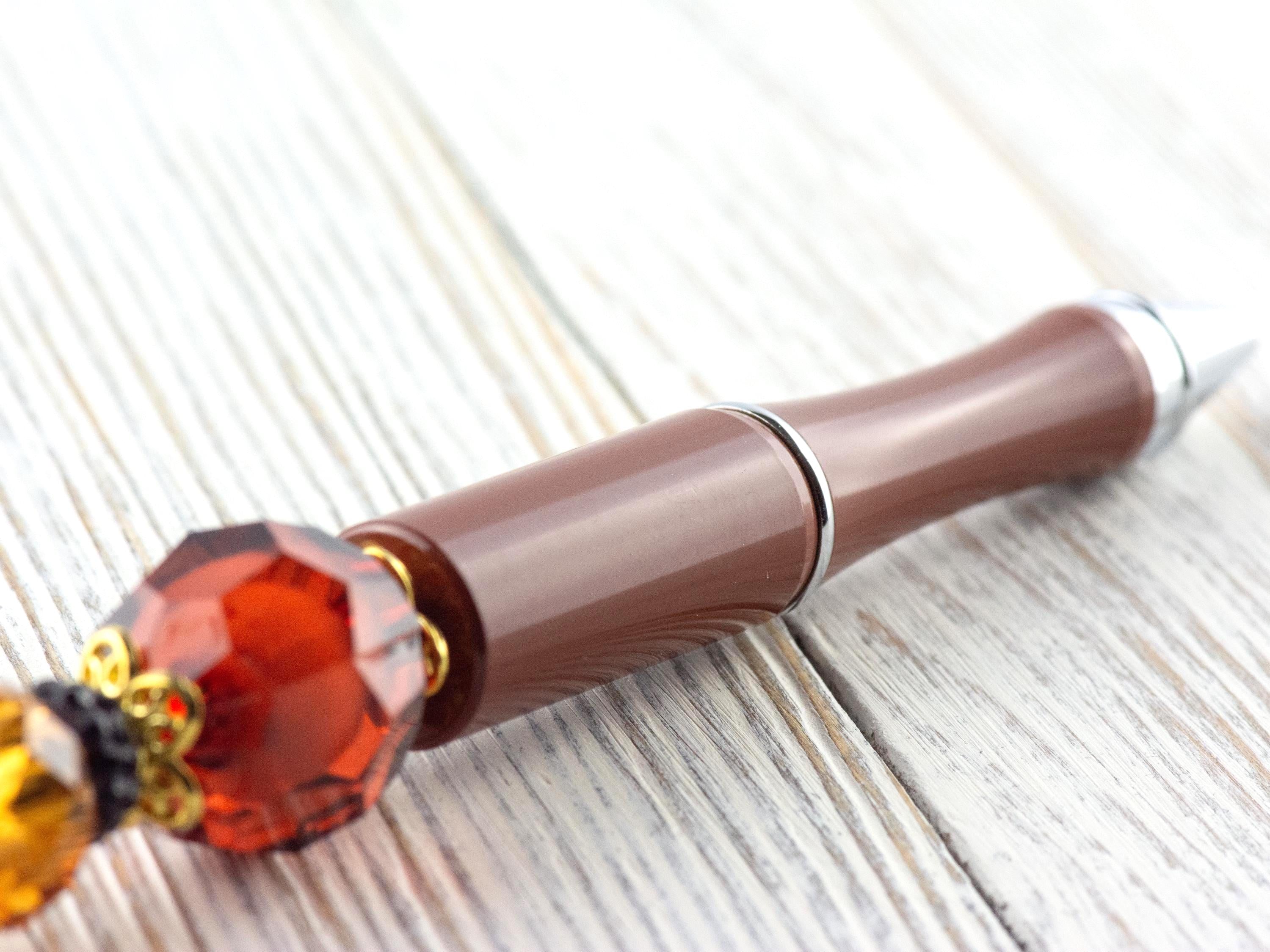 Chocolate Latte Beaded Metal Ballpoint Pen with Lampwork Glass Beads • Black Ink (Extra Refill)