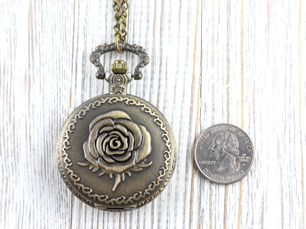 Rose Bronze Pocket Watch Long Necklace / Unique Watches / Nature-Inspired Jewelry / Large Pocket Watch