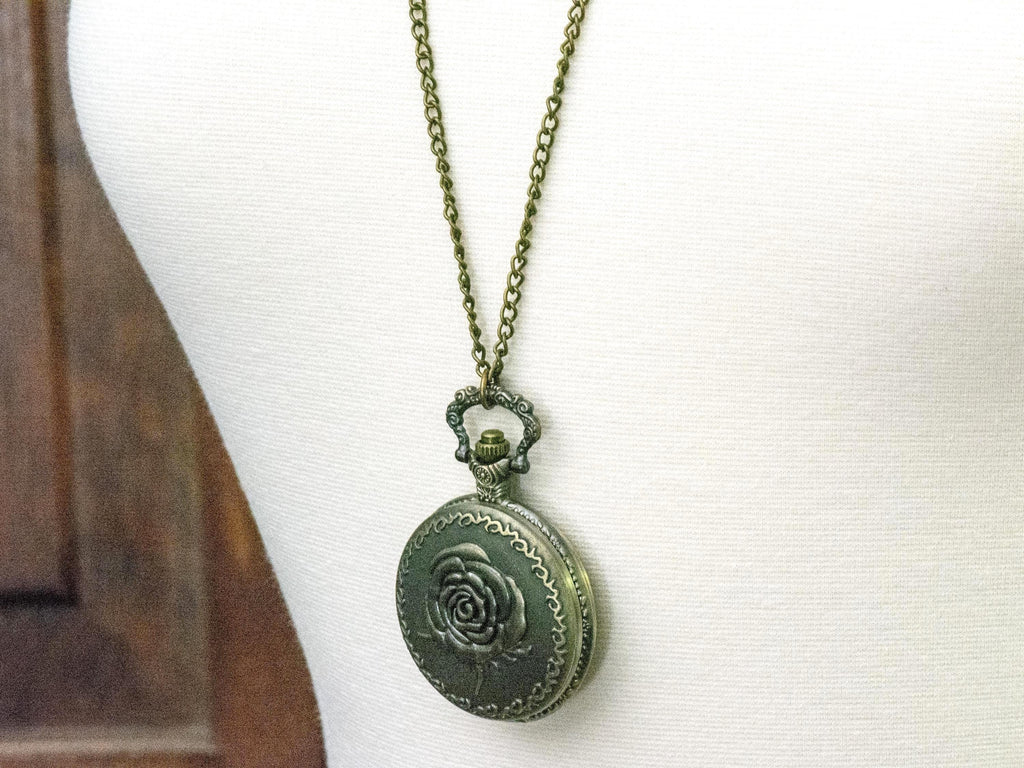 Rose Bronze Pocket Watch Long Necklace / Unique Watches / Nature-Inspired Jewelry / Large Pocket Watch