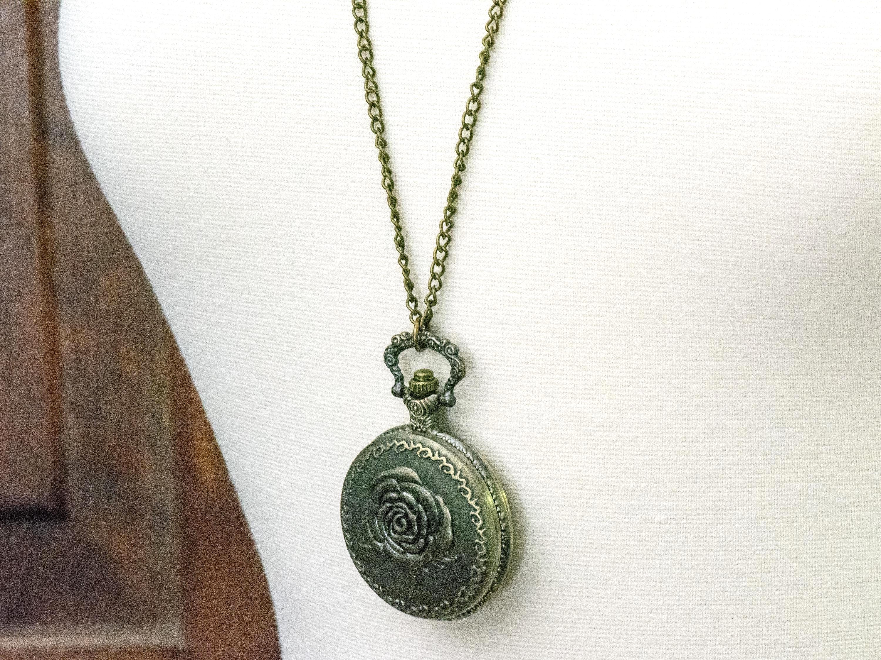 Rose Bronze Pocket Watch Long Necklace / Unique Watches / Nature-Inspired Jewelry / Large Pocket Watch