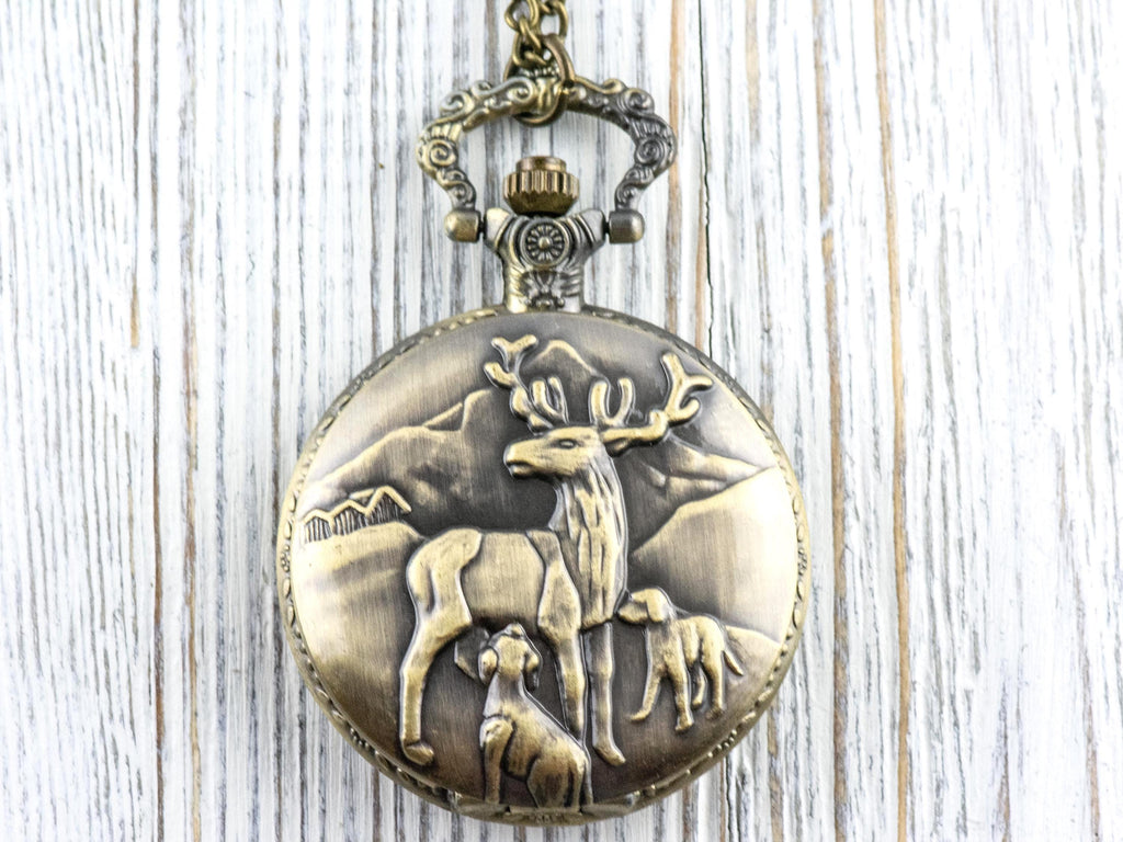 Reindeer Bronze Pocket Watch Long Necklace / Unique Watches / Nature-Inspired Jewelry / Large Pocket Watch