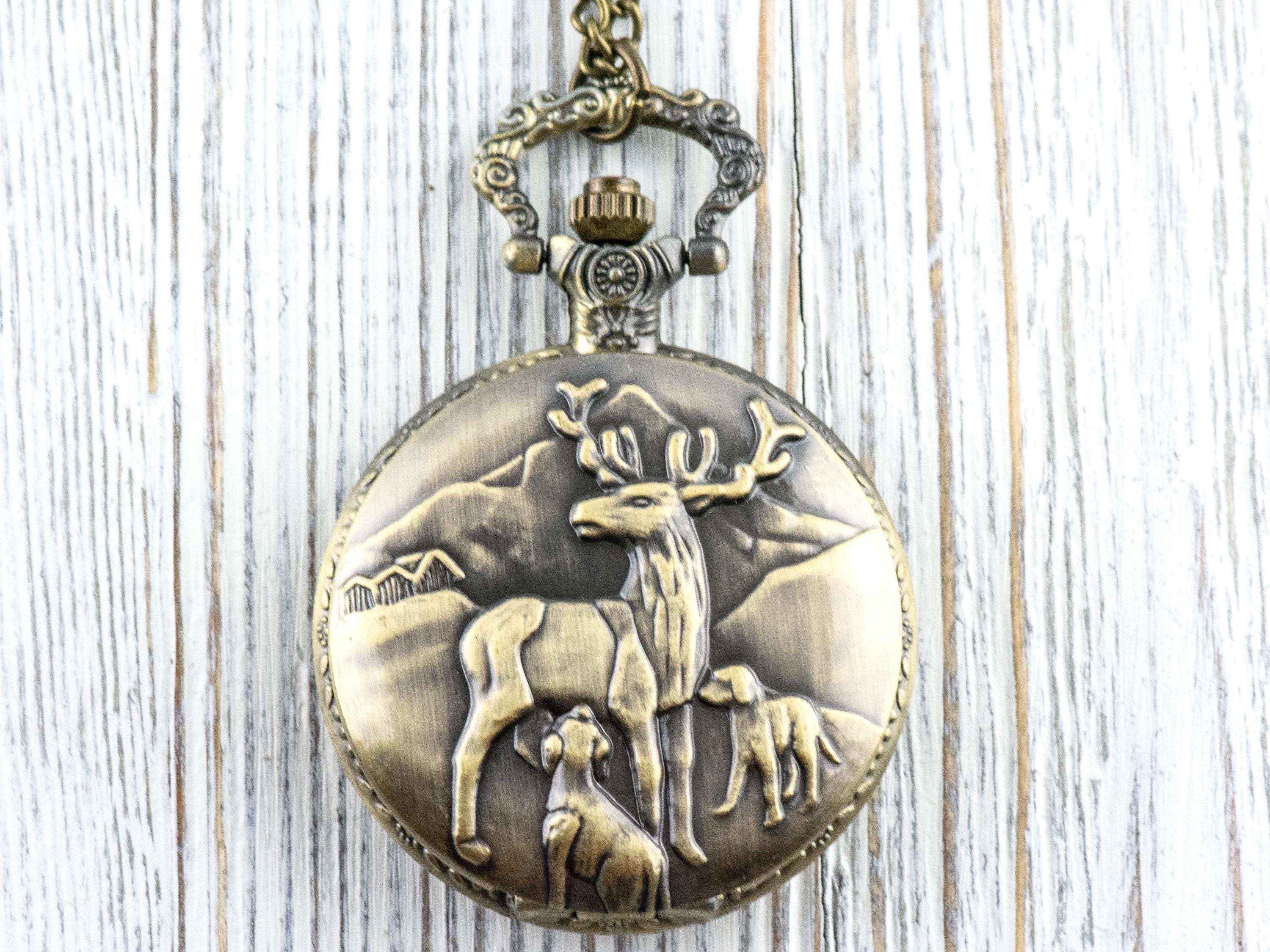 Reindeer Bronze Pocket Watch Long Necklace / Unique Watches / Nature-Inspired Jewelry / Large Pocket Watch