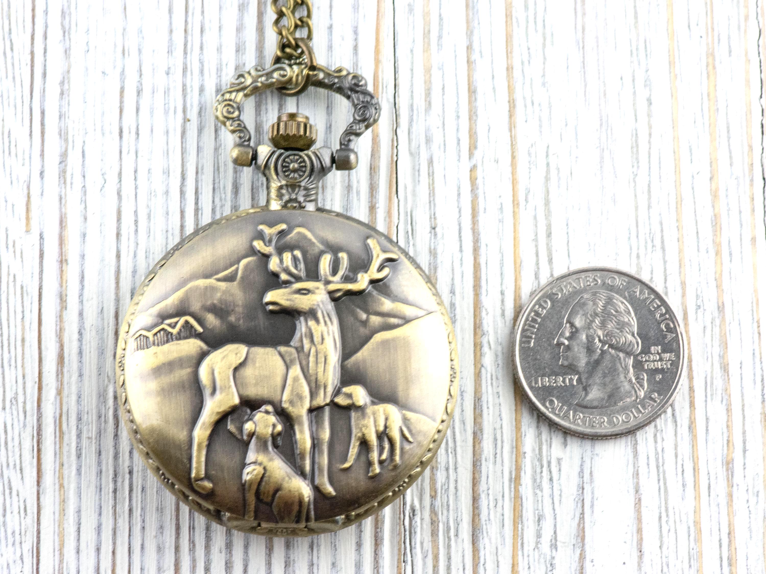 Reindeer Bronze Pocket Watch Long Necklace / Unique Watches / Nature-Inspired Jewelry / Large Pocket Watch
