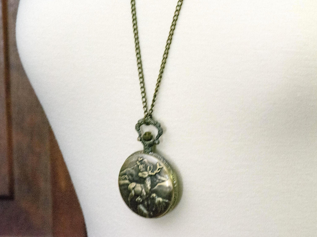 Reindeer Bronze Pocket Watch Long Necklace / Unique Watches / Nature-Inspired Jewelry / Large Pocket Watch