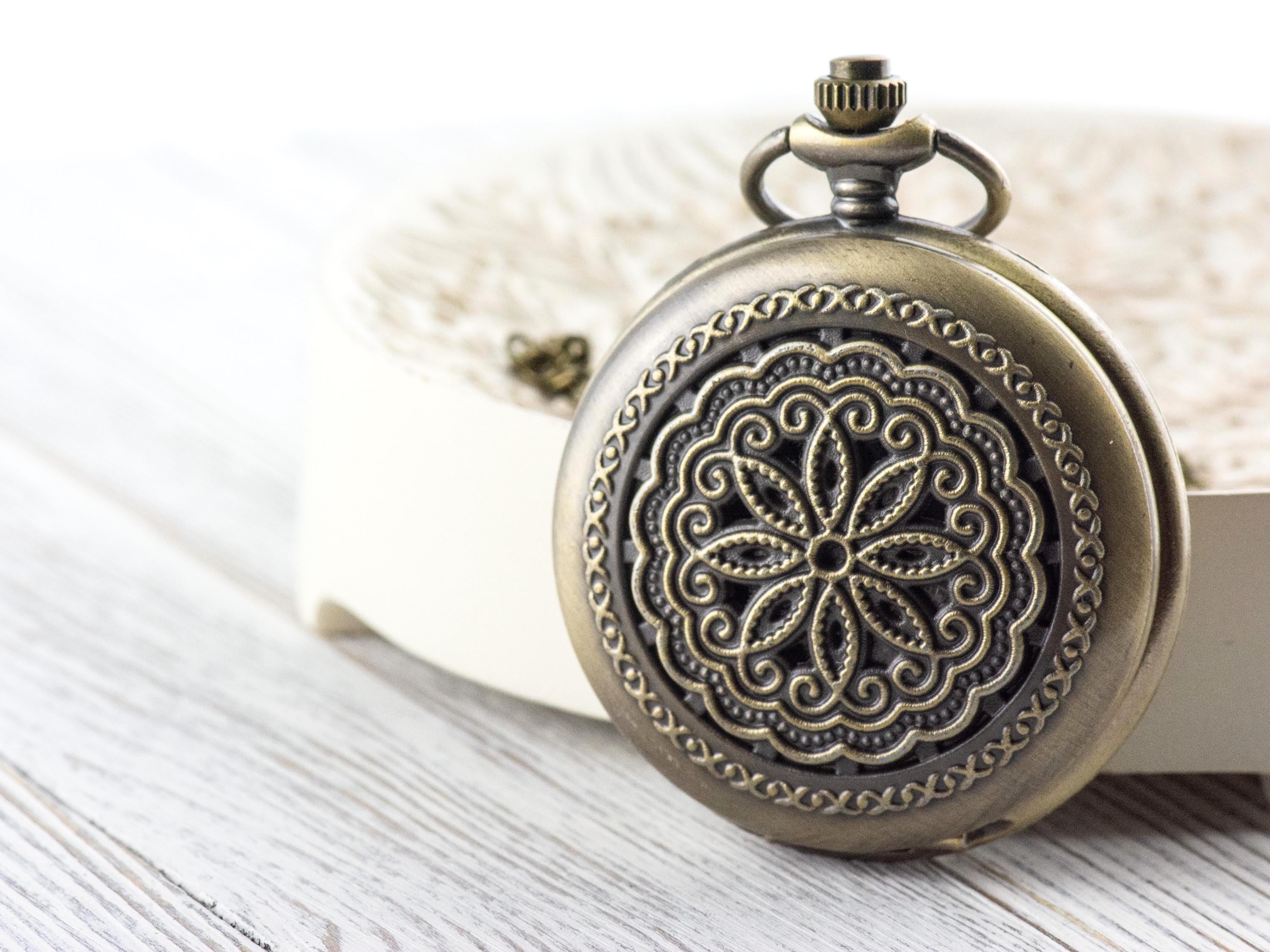 Floral Bronze Pocket Watch Long Necklace / Unique Watches / Nature-Inspired Jewelry / Large Pocket Watch