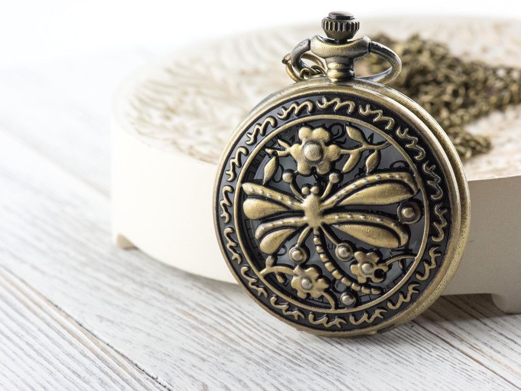 Dragonfly Bronze Pocket Watch Long Necklace / Unique Watches / Nature-Inspired Jewelry / Large Pocket Watch