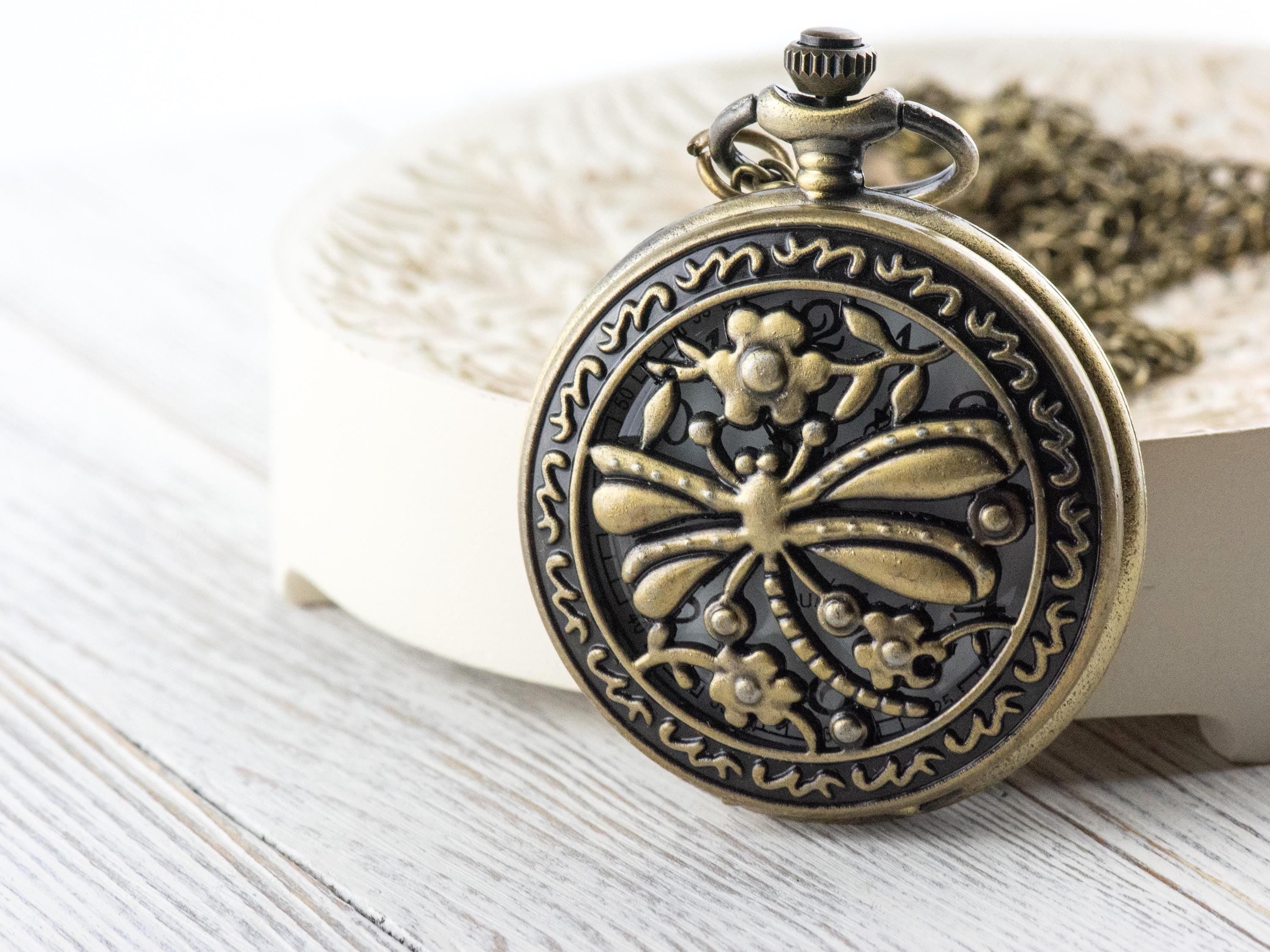 Dragonfly Bronze Pocket Watch Long Necklace / Unique Watches / Nature-Inspired Jewelry / Large Pocket Watch
