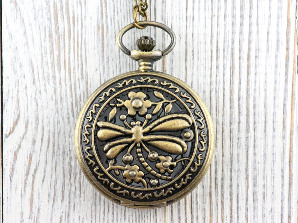 Dragonfly Bronze Pocket Watch Long Necklace / Unique Watches / Nature-Inspired Jewelry / Large Pocket Watch
