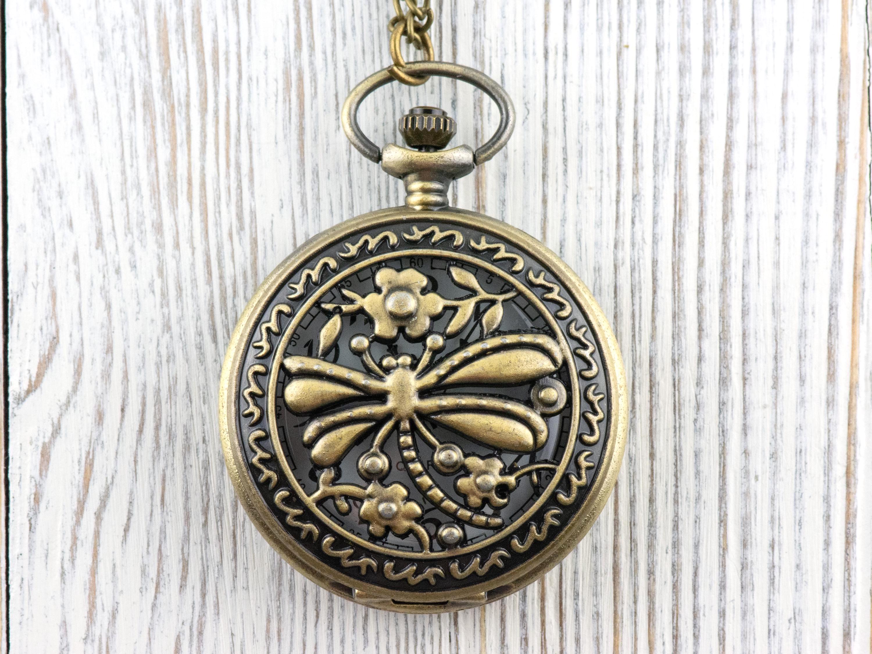 Dragonfly Bronze Pocket Watch Long Necklace / Unique Watches / Nature-Inspired Jewelry / Large Pocket Watch