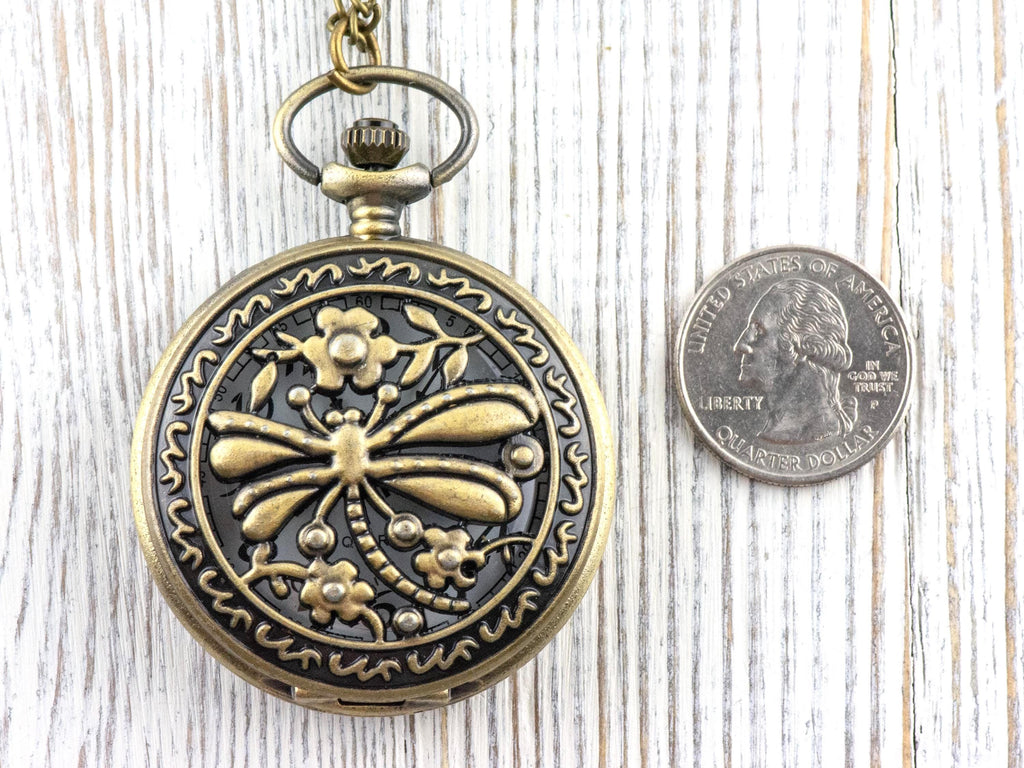Dragonfly Bronze Pocket Watch Long Necklace / Unique Watches / Nature-Inspired Jewelry / Large Pocket Watch