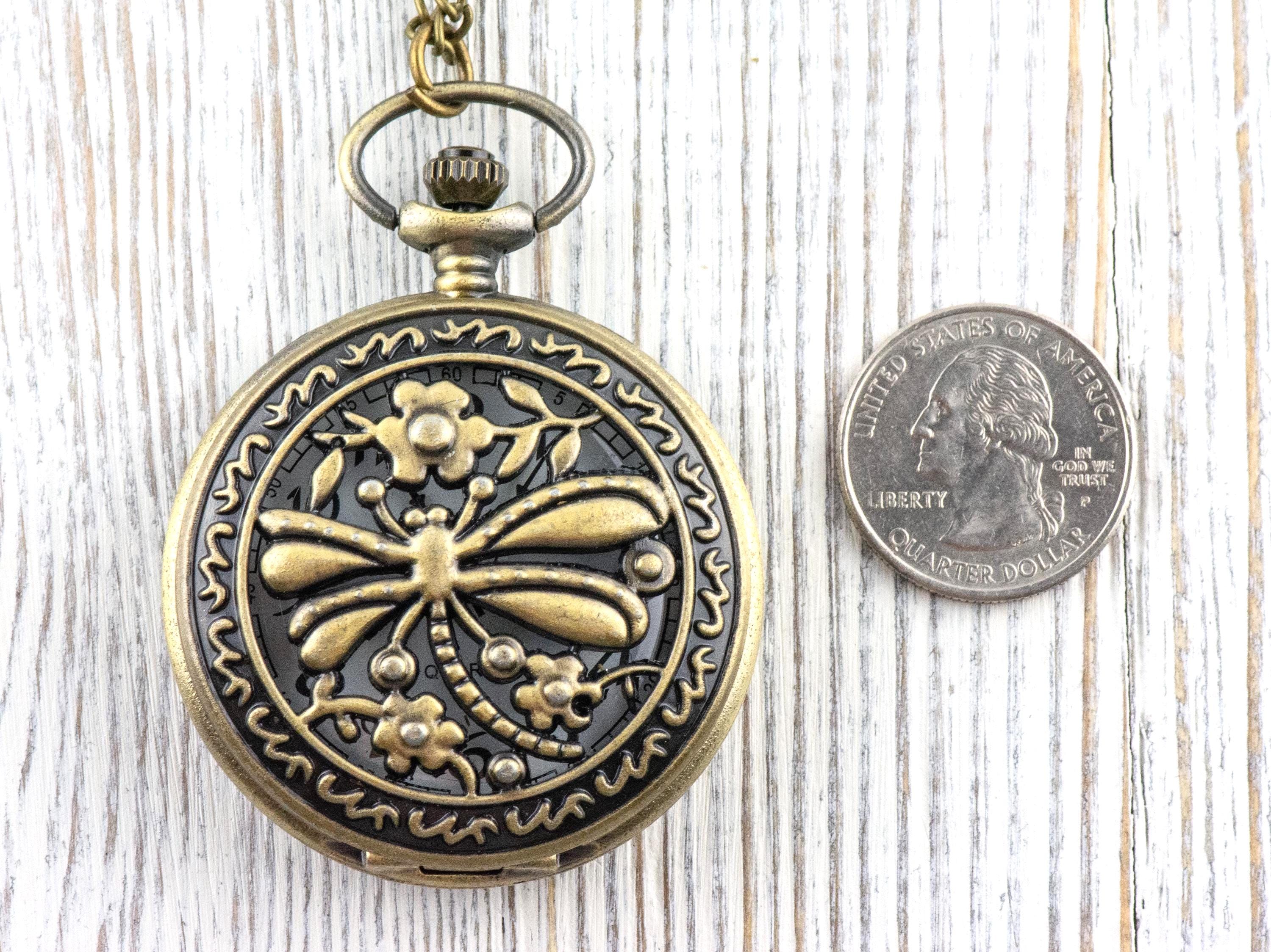 Dragonfly Bronze Pocket Watch Long Necklace / Unique Watches / Nature-Inspired Jewelry / Large Pocket Watch