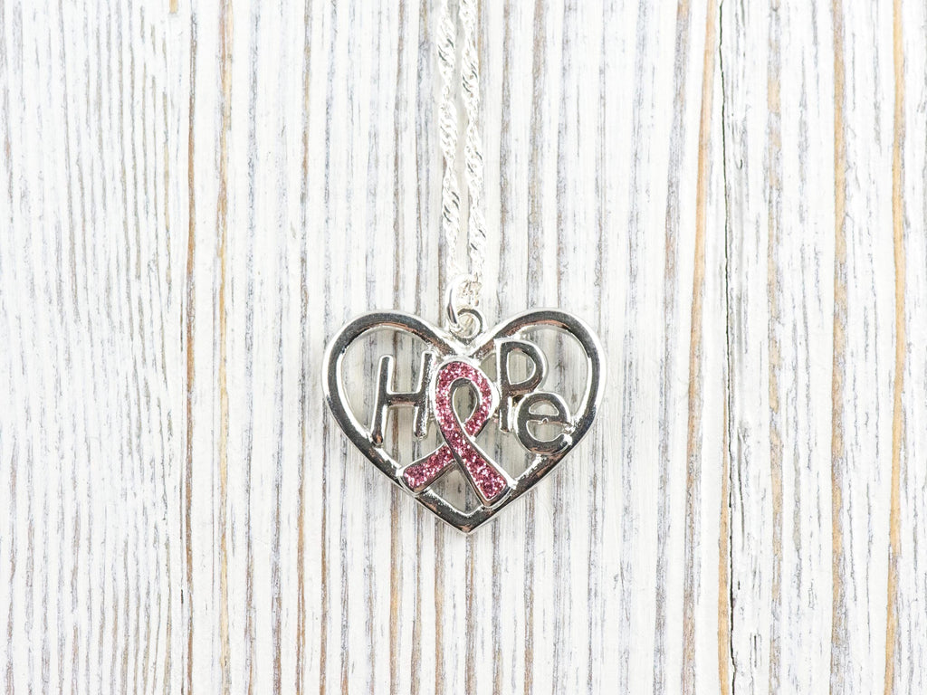 Hope Pink Ribbon Heart Pendant Necklace • Breast Cancer Awareness Jewelry • Simple Minimalist Style
