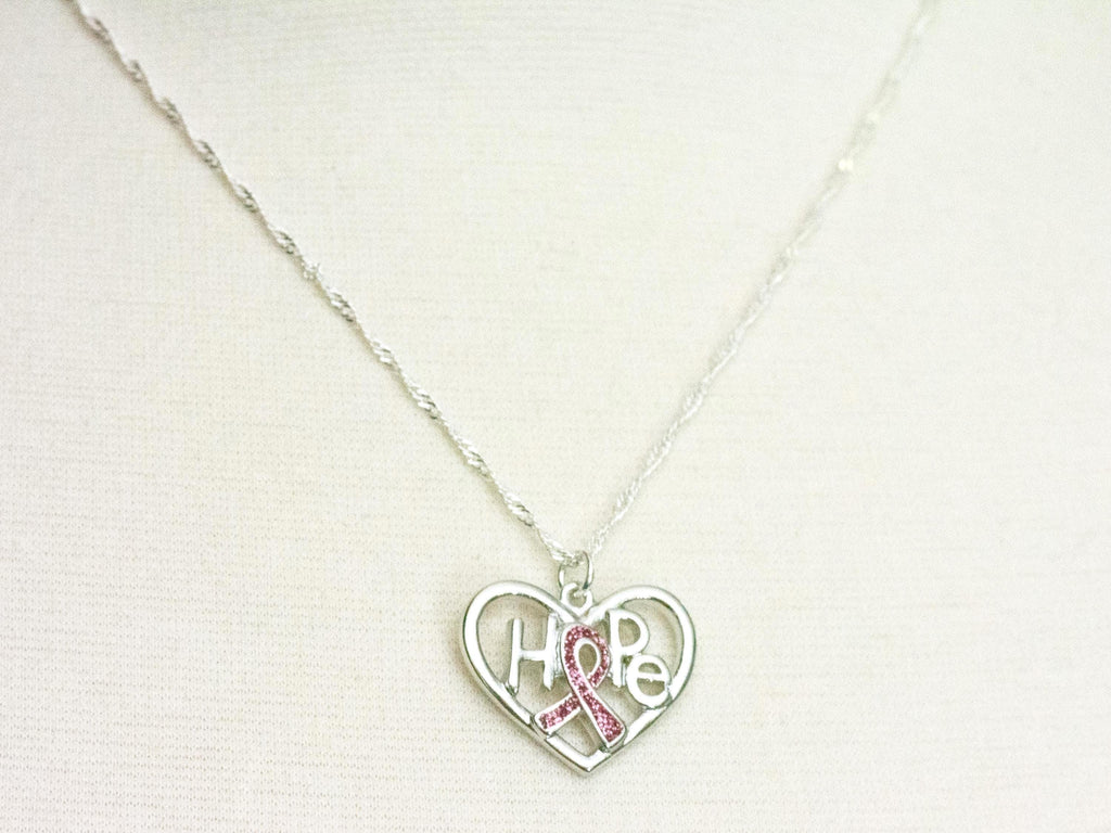 Hope Pink Ribbon Heart Pendant Necklace • Breast Cancer Awareness Jewelry • Simple Minimalist Style