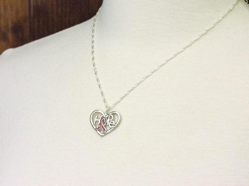 Hope Pink Ribbon Heart Pendant Necklace • Breast Cancer Awareness Jewelry • Simple Minimalist Style